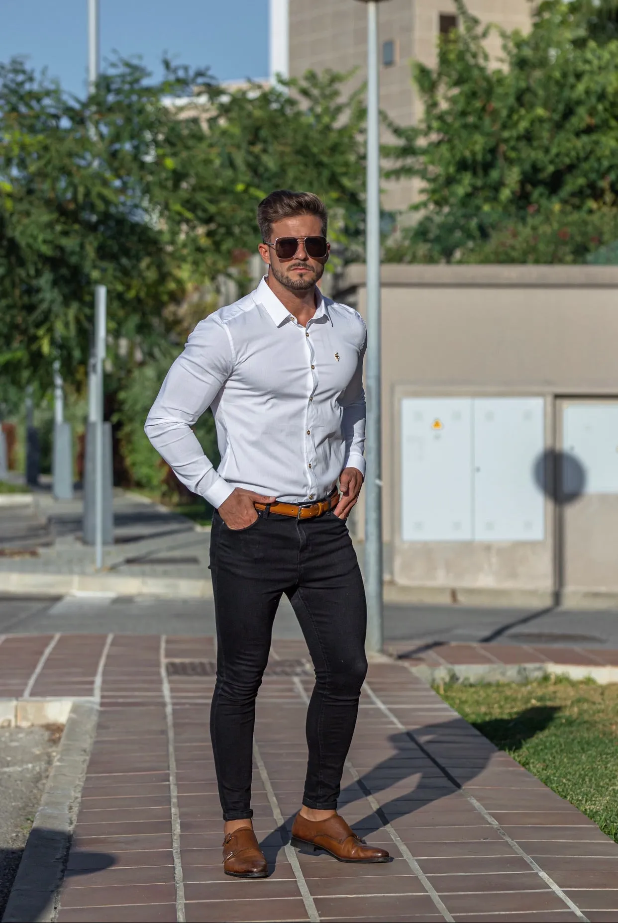 Father Sons Super Slim Stretch Classic White with Gold Buttons and Emblem -  FS727
