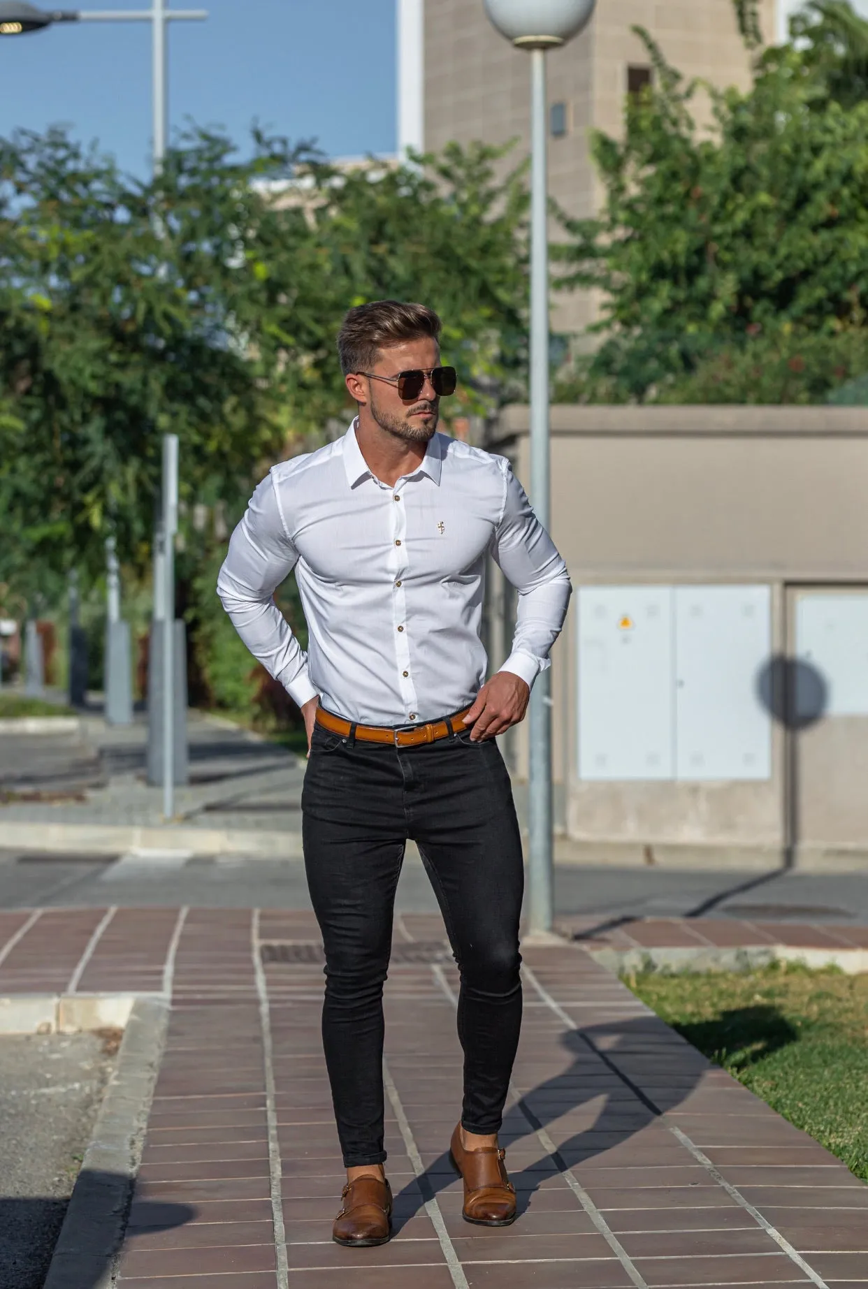 Father Sons Super Slim Stretch Classic White with Gold Buttons and Emblem -  FS727