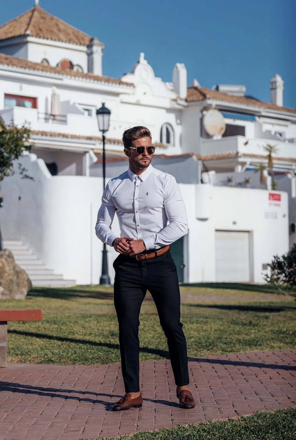 Father Sons Super Slim Stretch Classic White with Gold Buttons and Emblem -  FS727