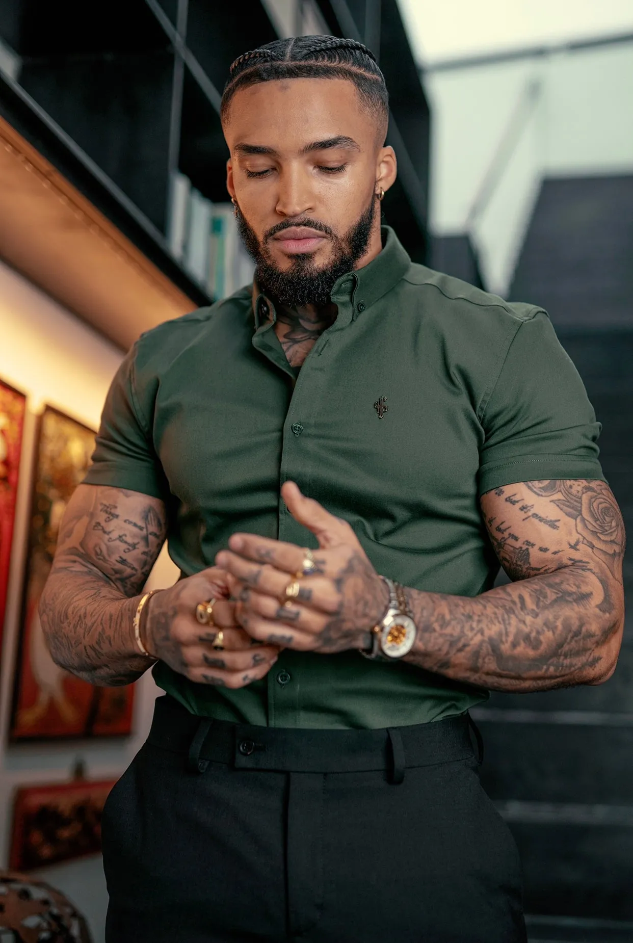 Father Sons Super Slim Stretch Khaki Denim Short Sleeve with Metal Decal Emblem - FS633