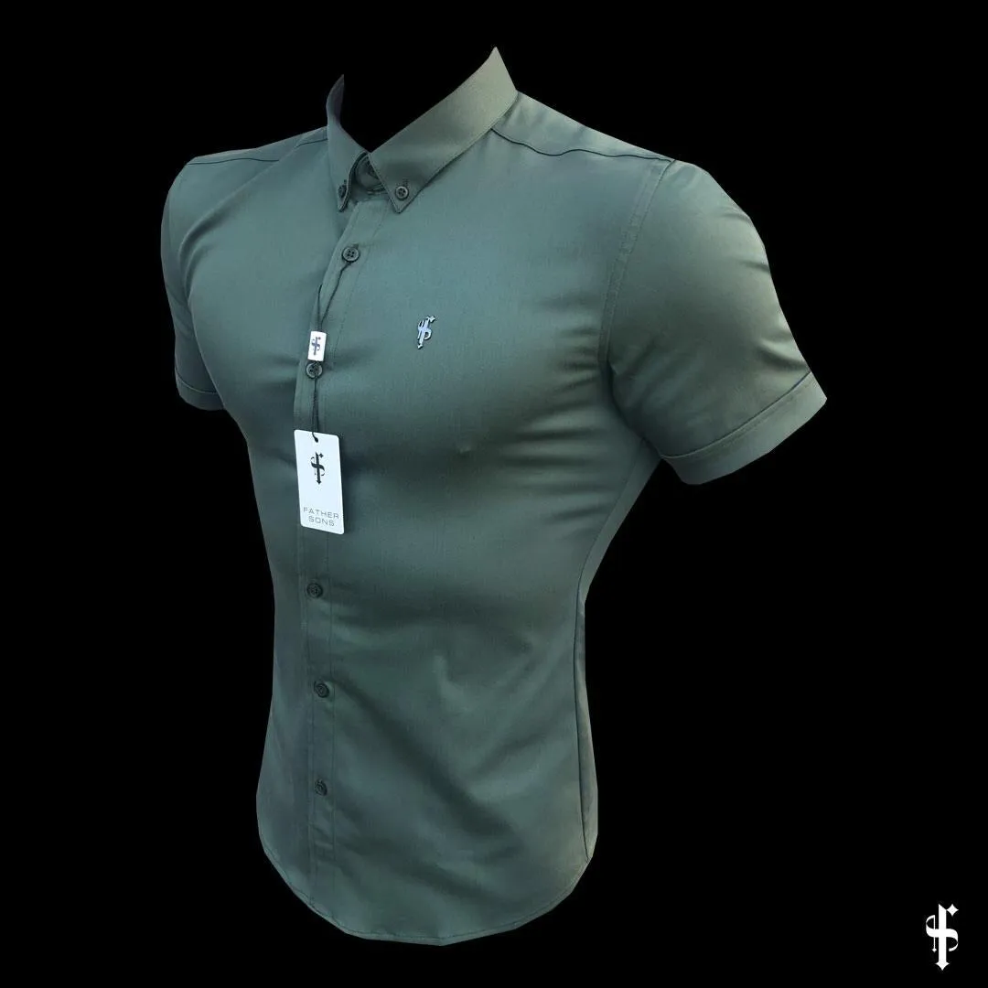 Father Sons Super Slim Stretch Khaki Denim Short Sleeve with Metal Decal Emblem - FS633