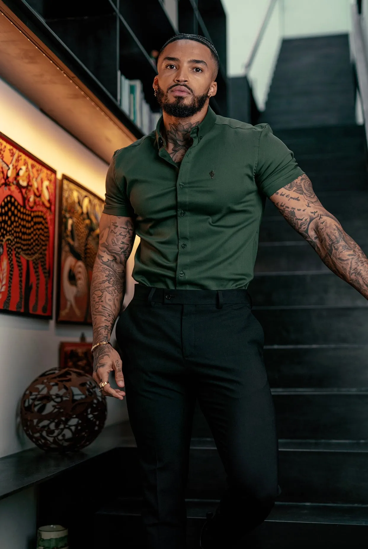 Father Sons Super Slim Stretch Khaki Denim Short Sleeve with Metal Decal Emblem - FS633