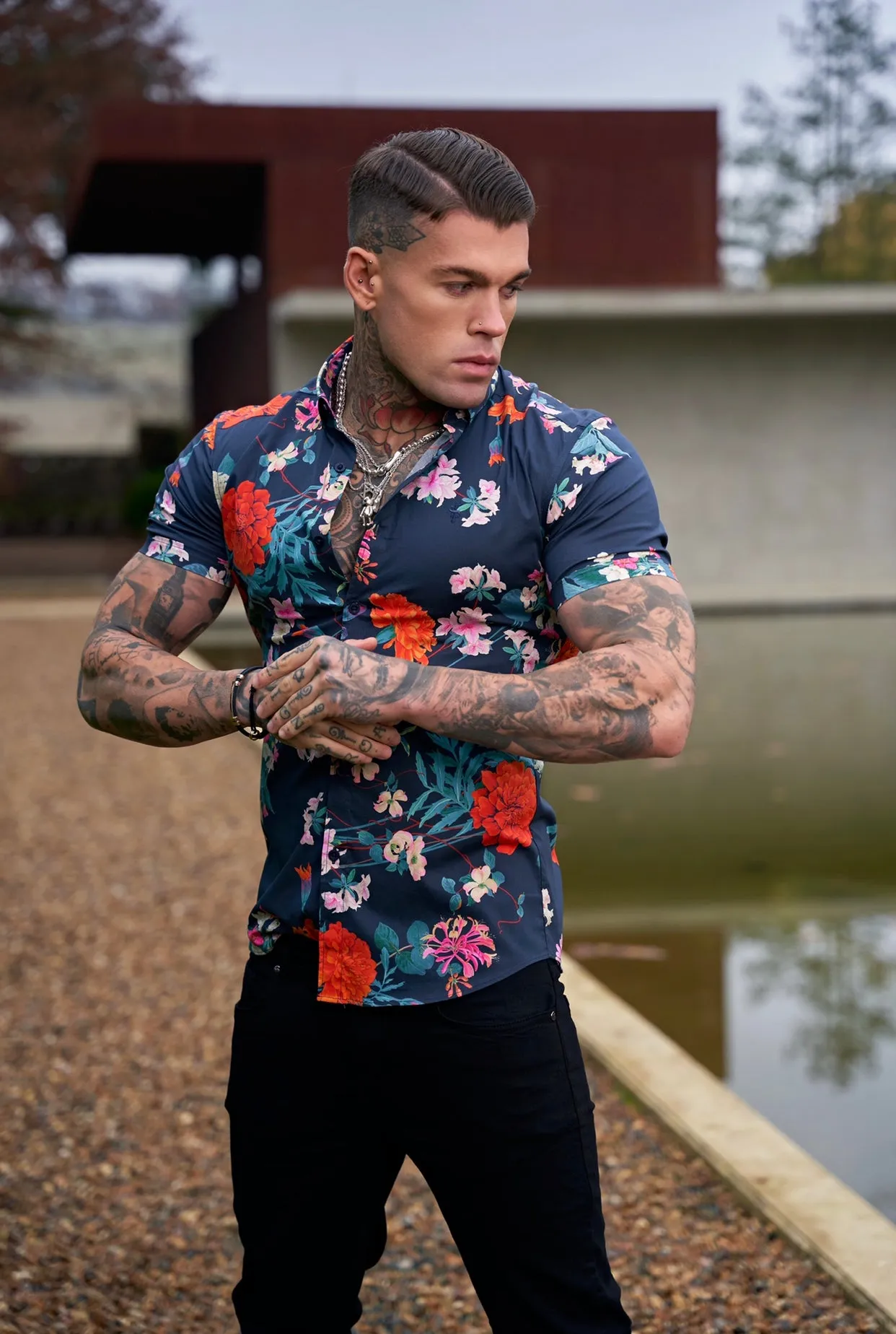Father Sons Super Slim Stretch Navy / Red Carnation Print Short Sleeve with Button Down Collar - FS853