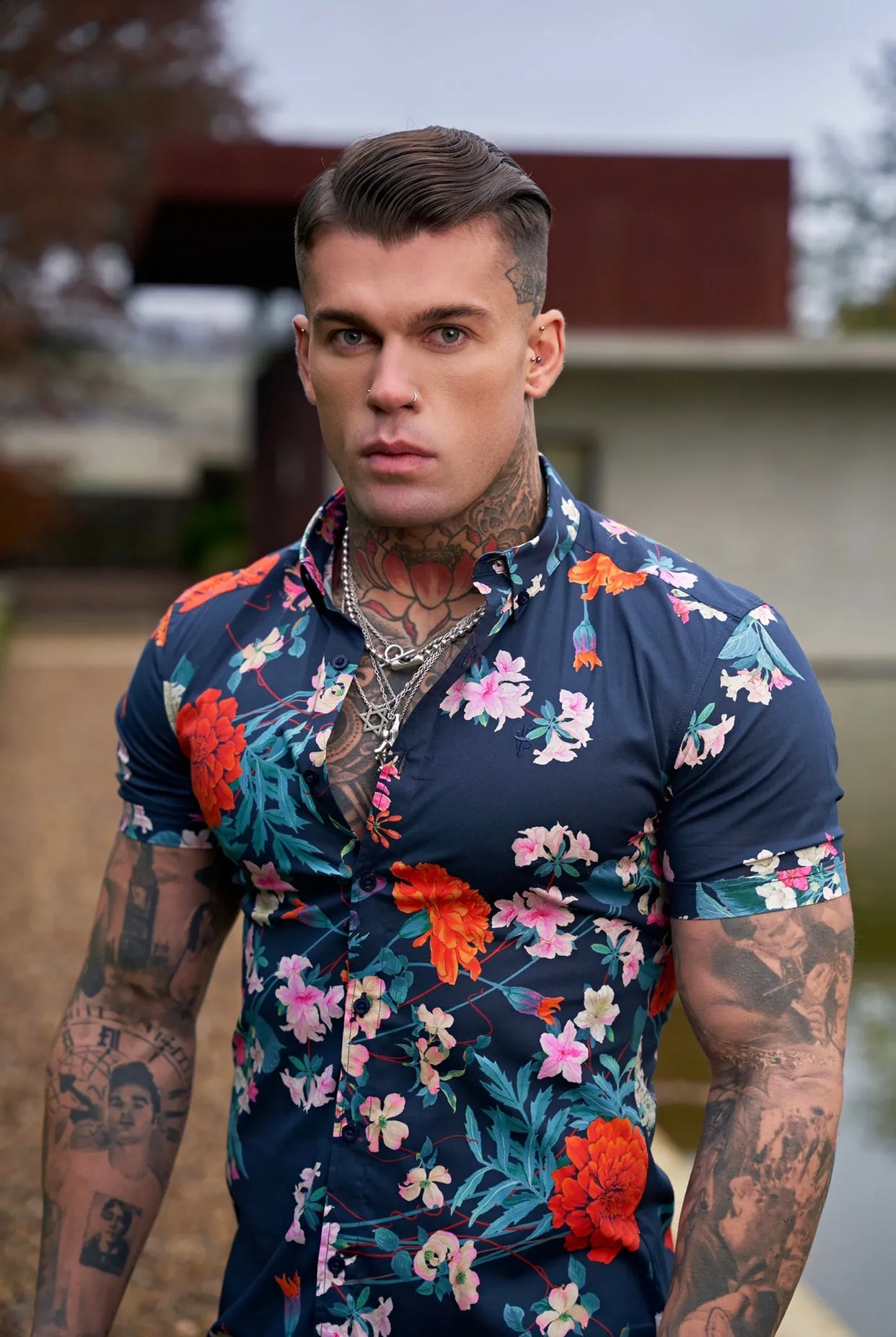 Father Sons Super Slim Stretch Navy / Red Carnation Print Short Sleeve with Button Down Collar - FS853