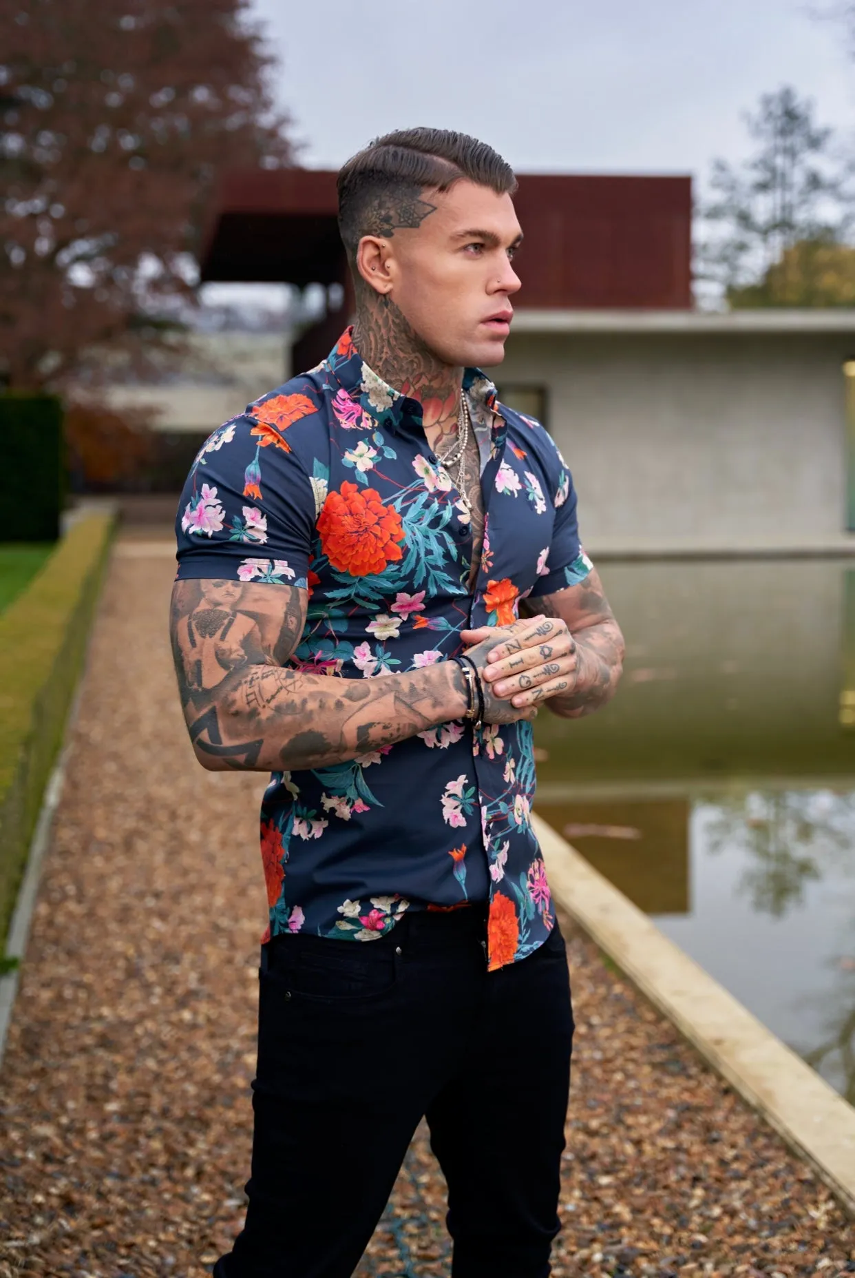 Father Sons Super Slim Stretch Navy / Red Carnation Print Short Sleeve with Button Down Collar - FS853