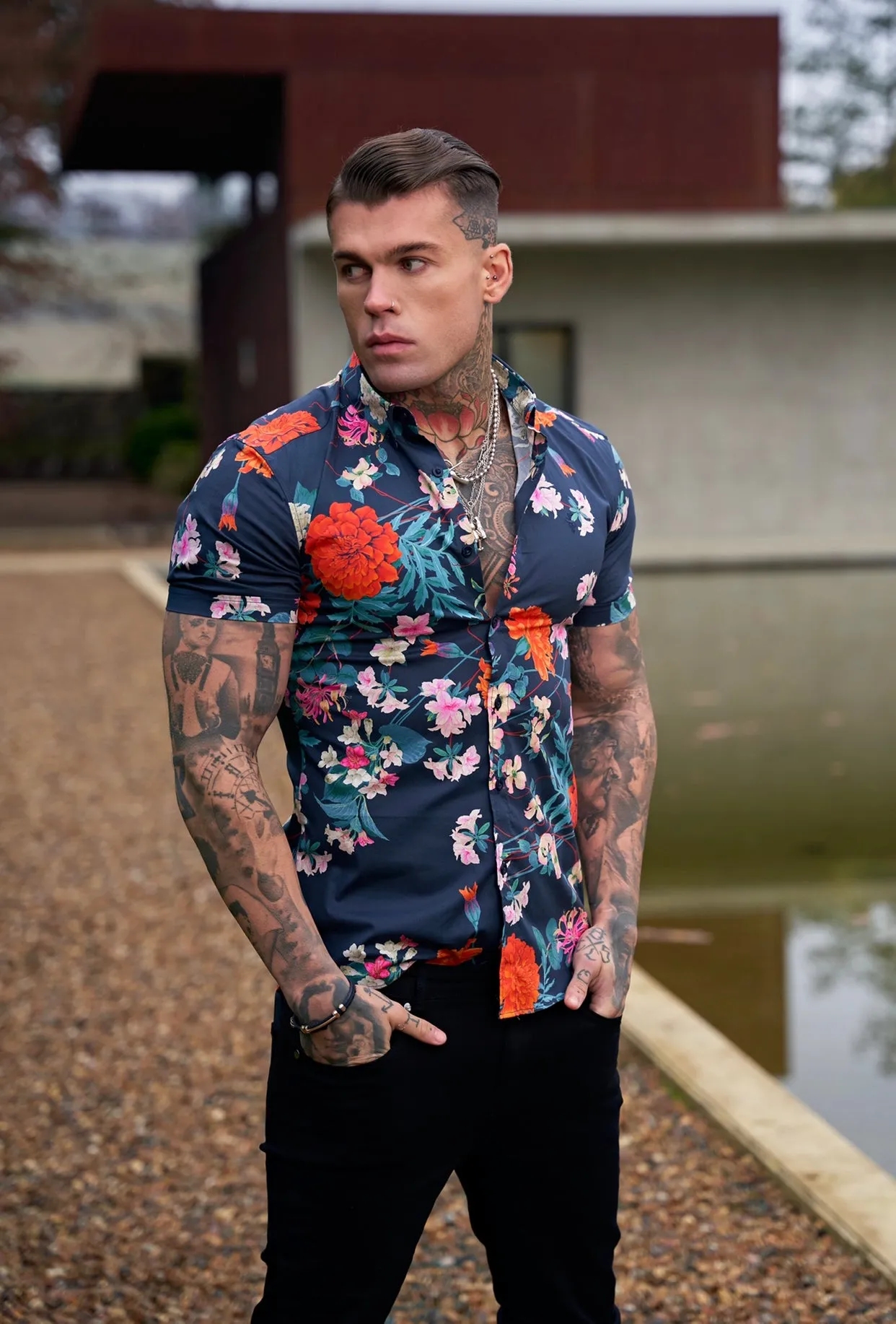 Father Sons Super Slim Stretch Navy / Red Carnation Print Short Sleeve with Button Down Collar - FS853