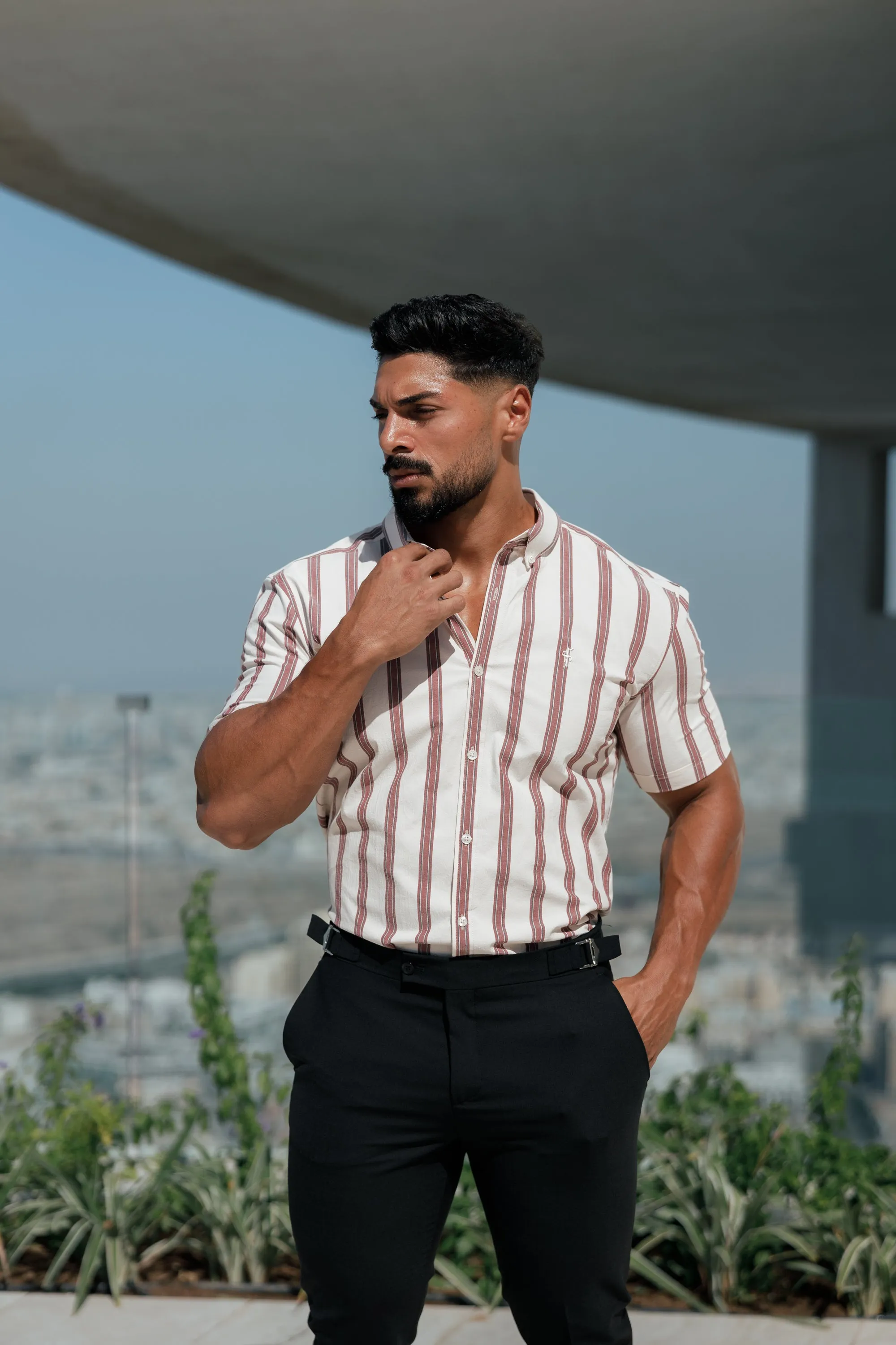 Father Sons Super Slim Stretch Off White / Burgundy Woven Stripe Short Sleeve with Button Down Collar - FS972