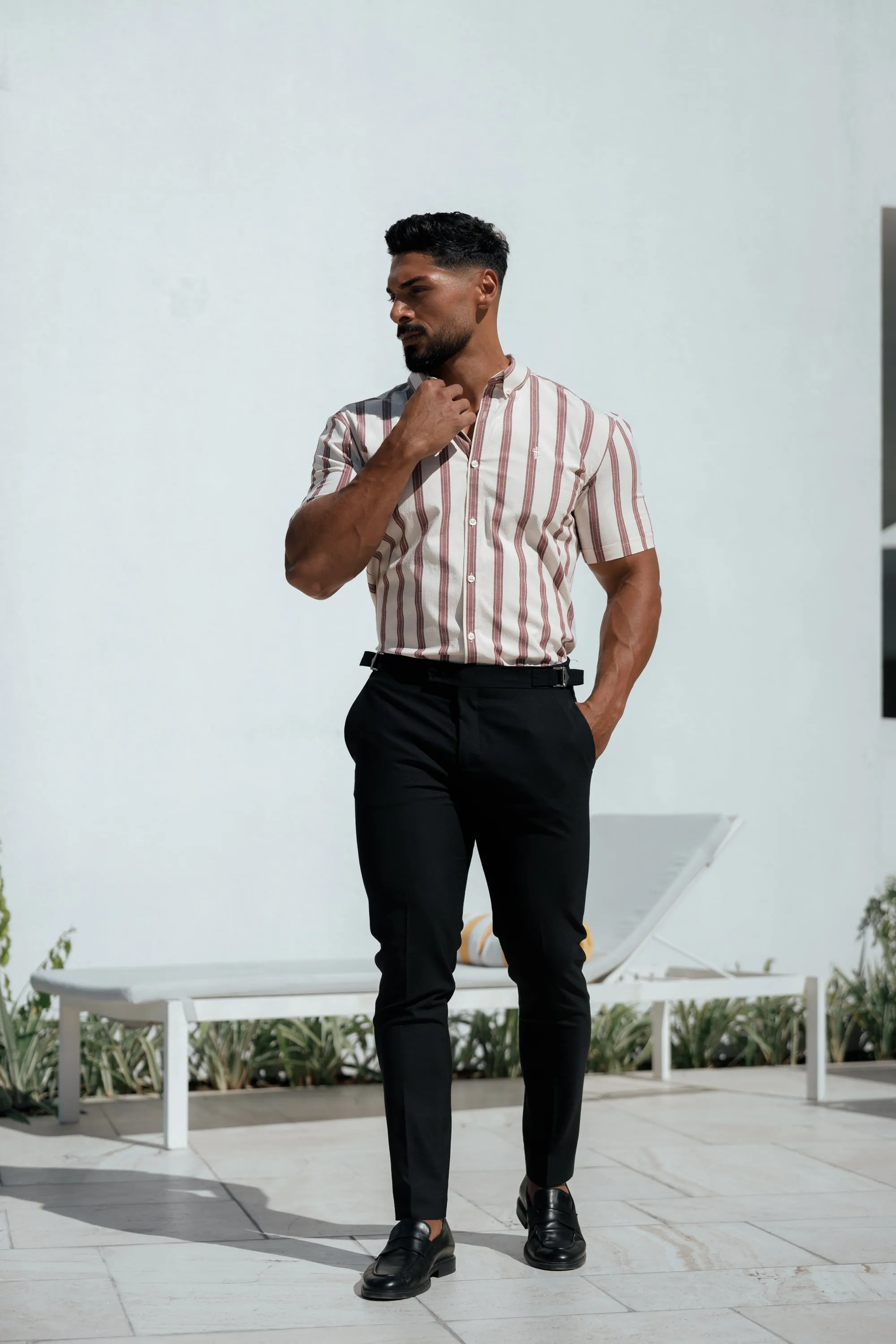 Father Sons Super Slim Stretch Off White / Burgundy Woven Stripe Short Sleeve with Button Down Collar - FS972