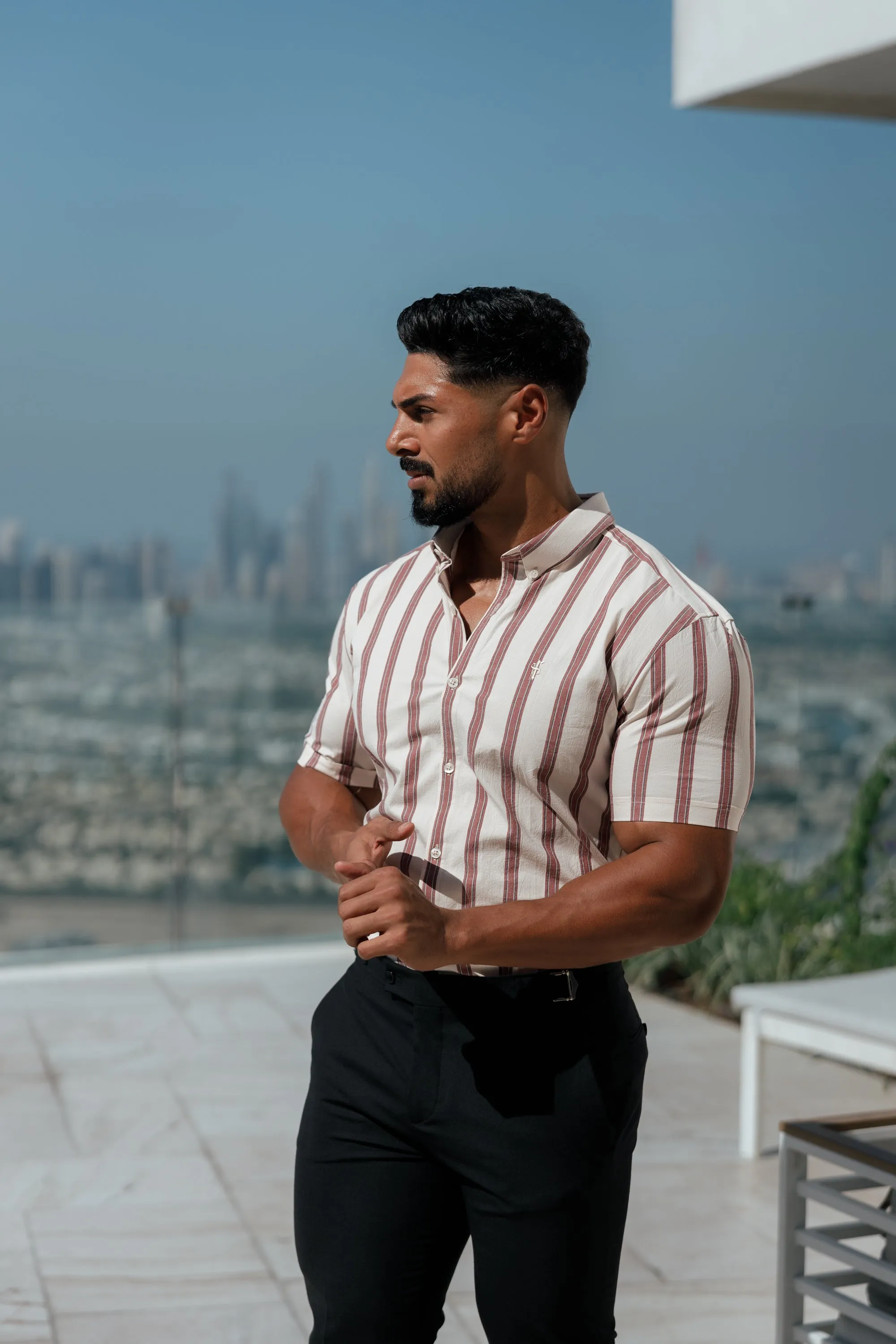 Father Sons Super Slim Stretch Off White / Burgundy Woven Stripe Short Sleeve with Button Down Collar - FS972