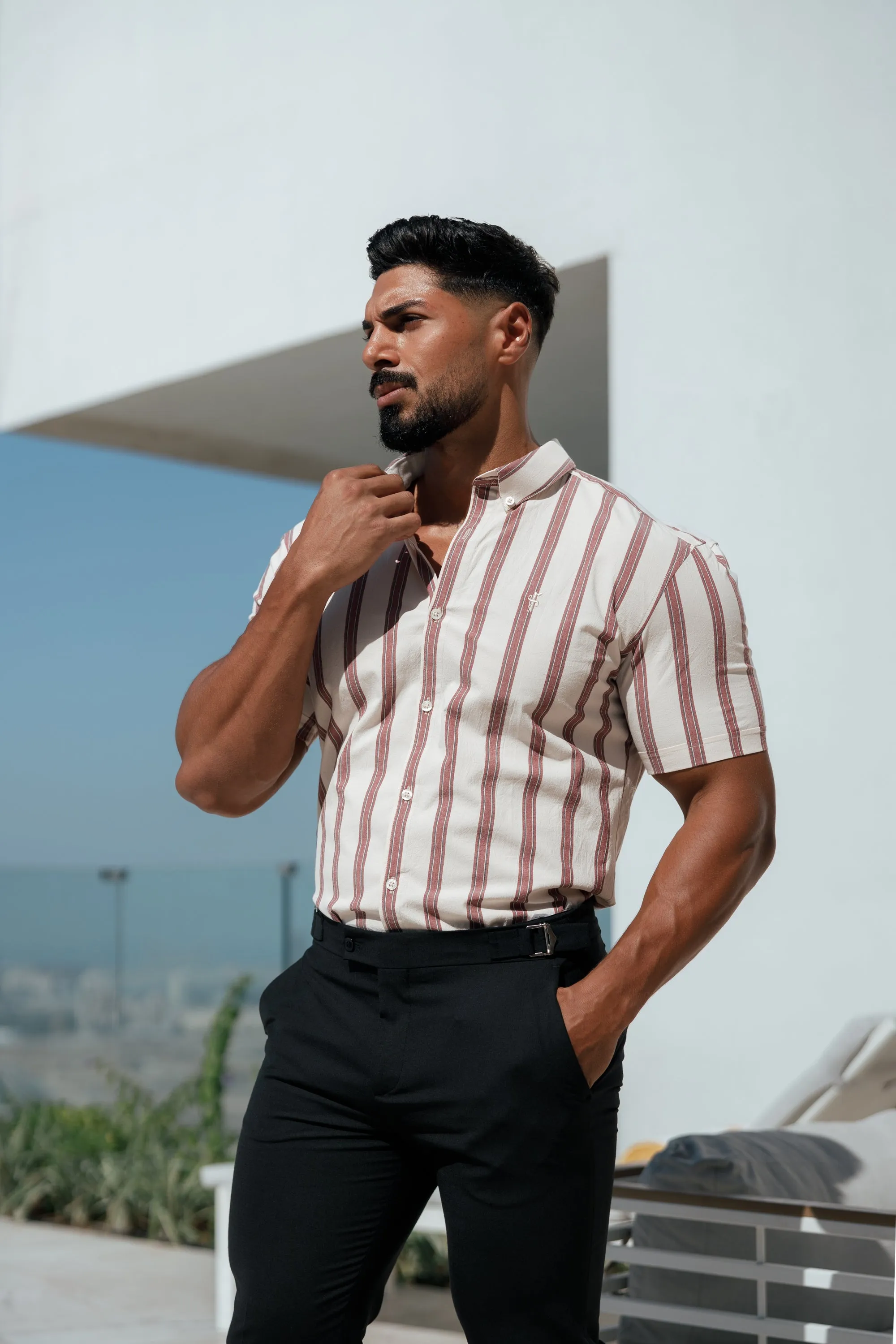 Father Sons Super Slim Stretch Off White / Burgundy Woven Stripe Short Sleeve with Button Down Collar - FS972