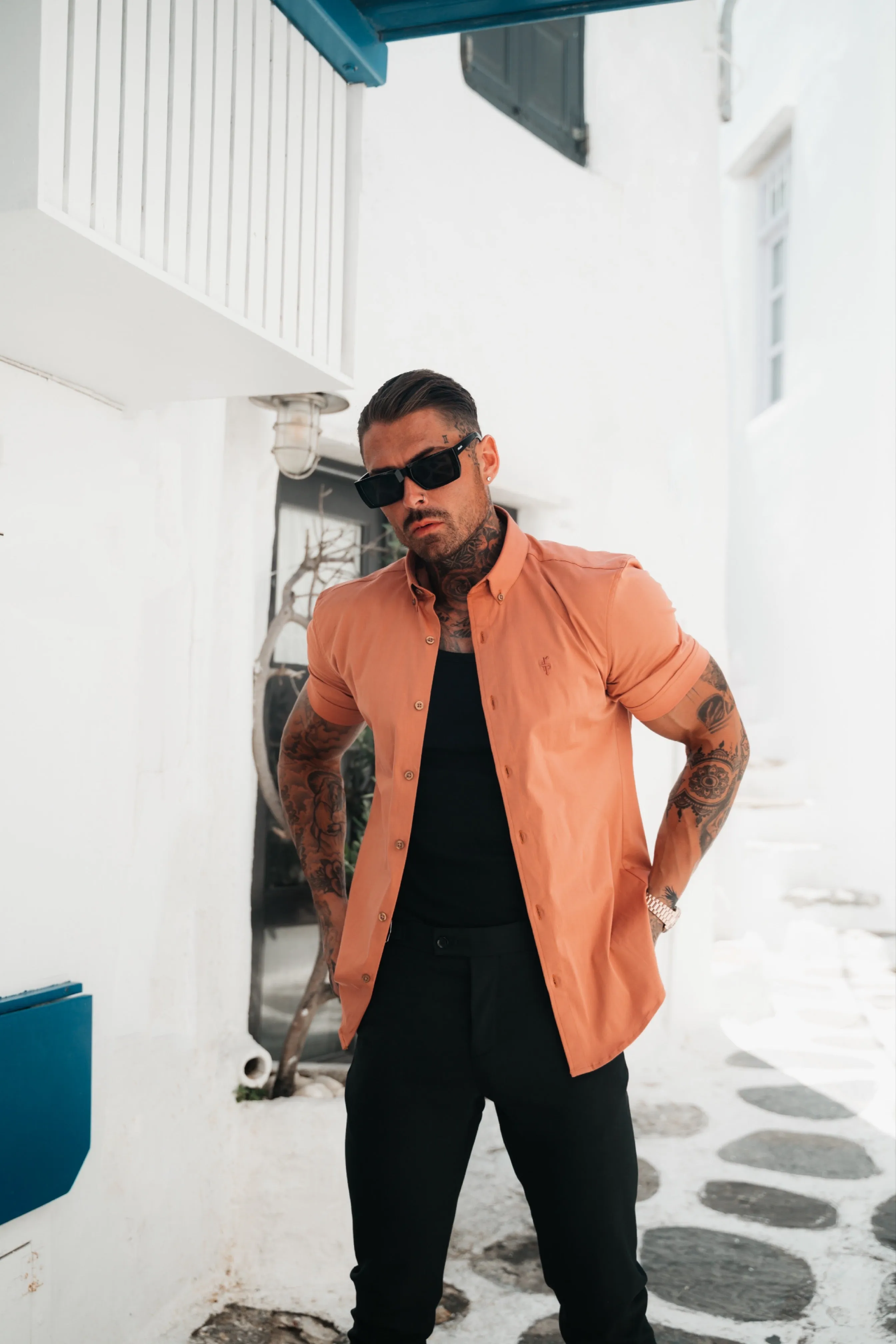 Father Sons Super Slim Stretch Plain Terracotta Short Sleeve With Button Down Collar - FS984