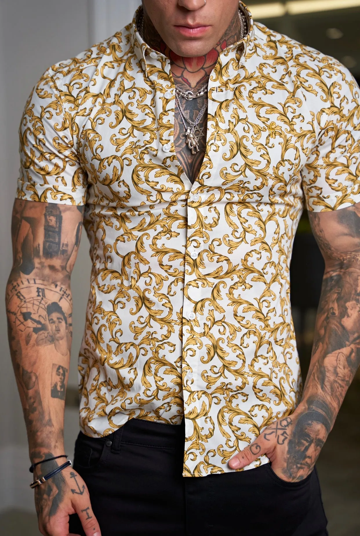 Father Sons Super Slim Stretch White / Gold Scroll Print Short Sleeve with Button Down Collar - FS823