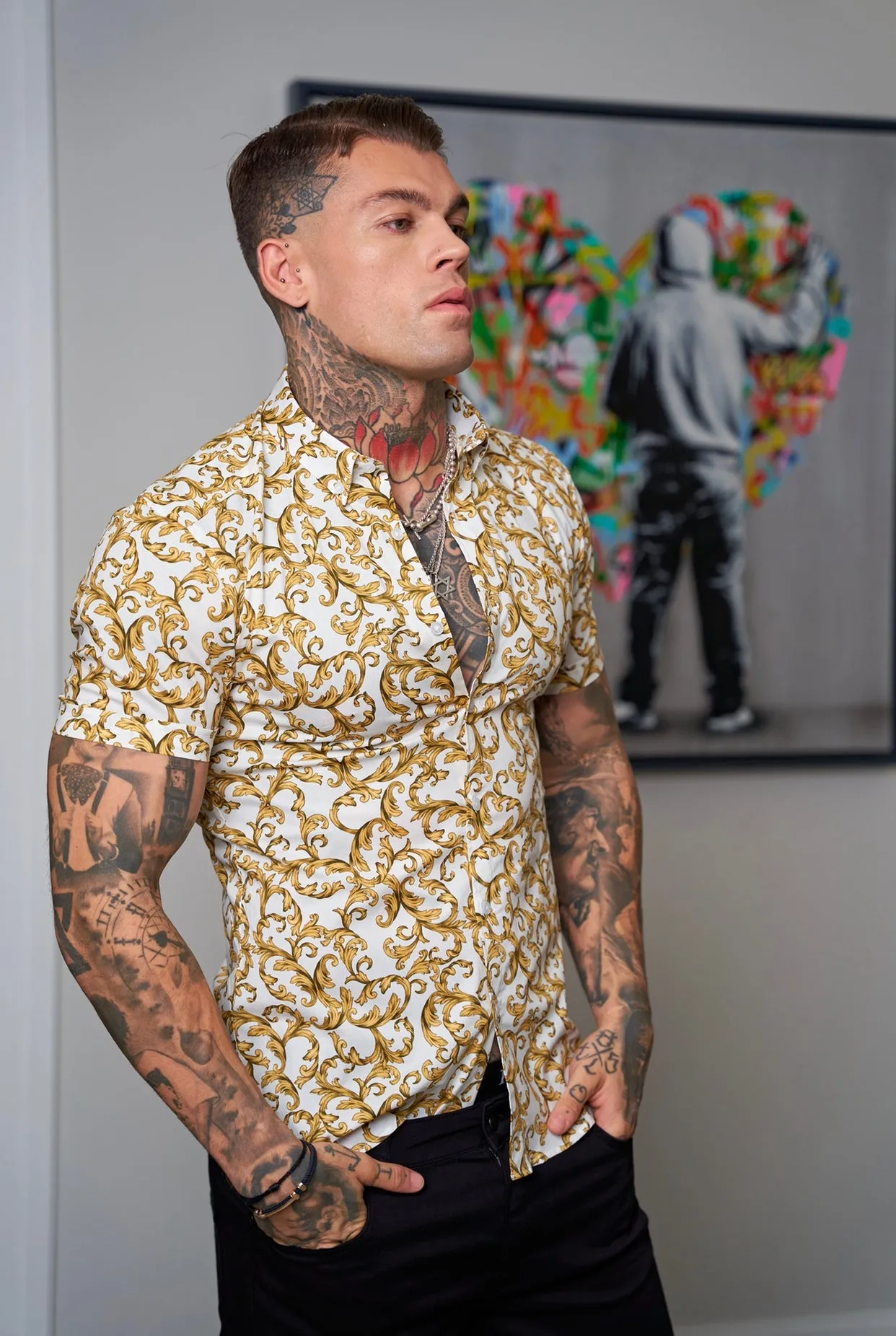 Father Sons Super Slim Stretch White / Gold Scroll Print Short Sleeve with Button Down Collar - FS823