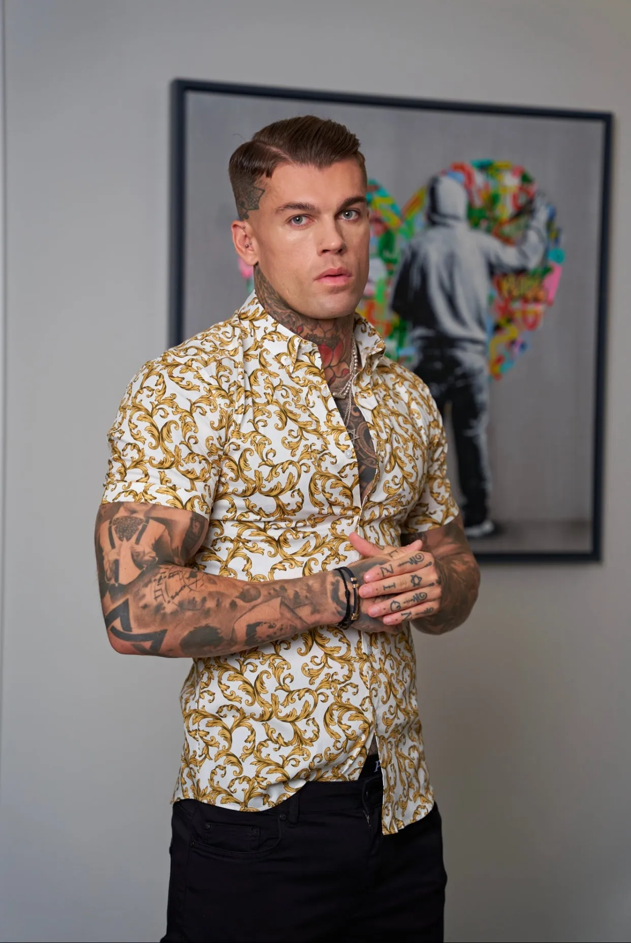 Father Sons Super Slim Stretch White / Gold Scroll Print Short Sleeve with Button Down Collar - FS823