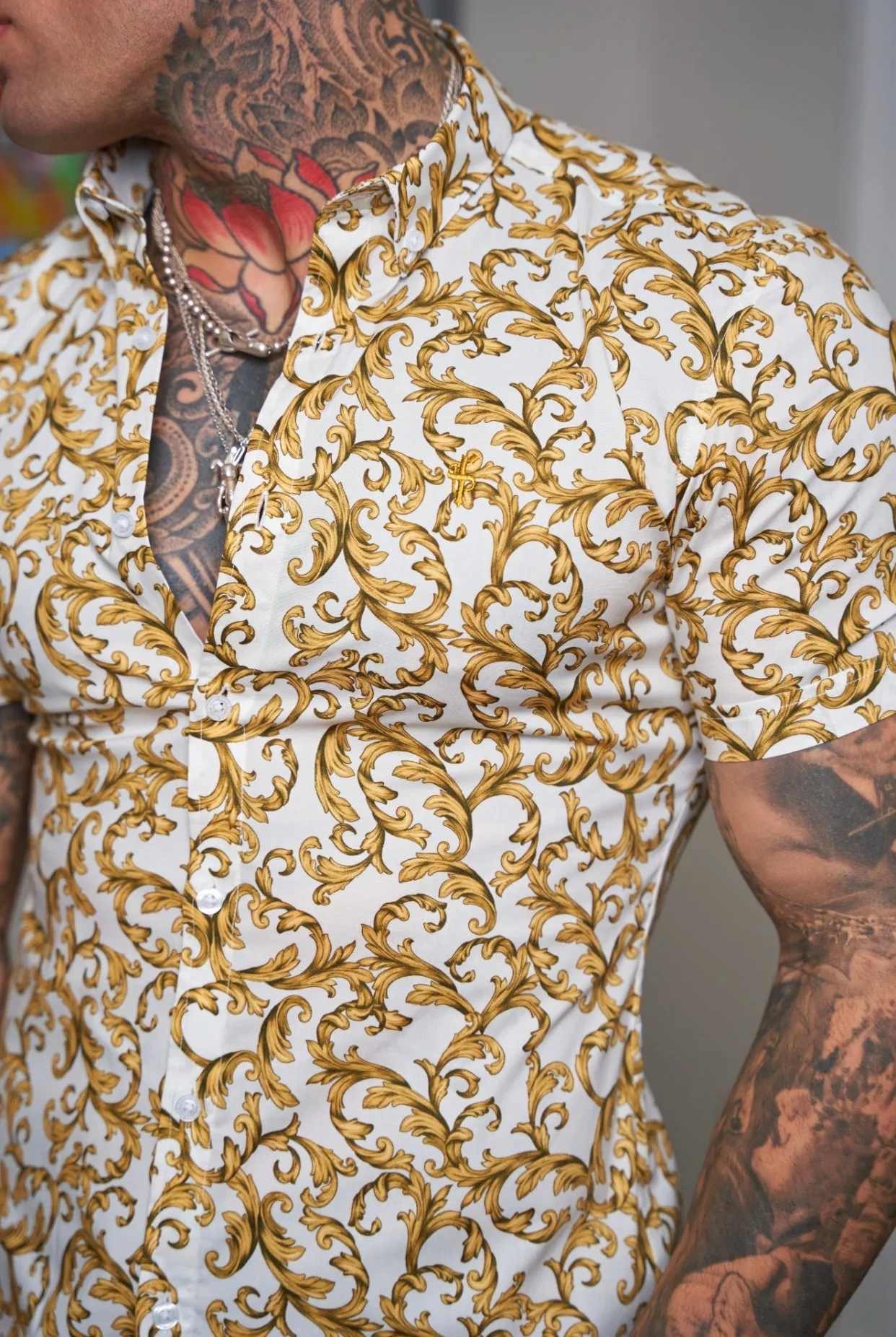 Father Sons Super Slim Stretch White / Gold Scroll Print Short Sleeve with Button Down Collar - FS823