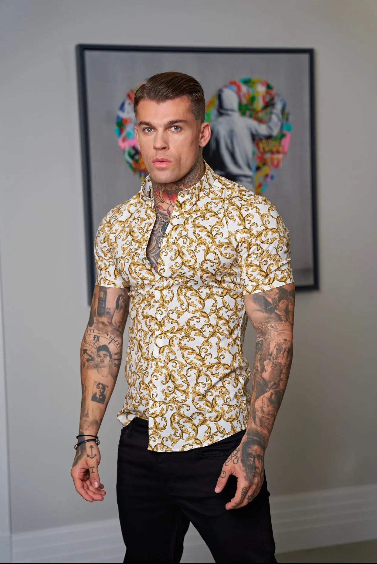 Father Sons Super Slim Stretch White / Gold Scroll Print Short Sleeve with Button Down Collar - FS823