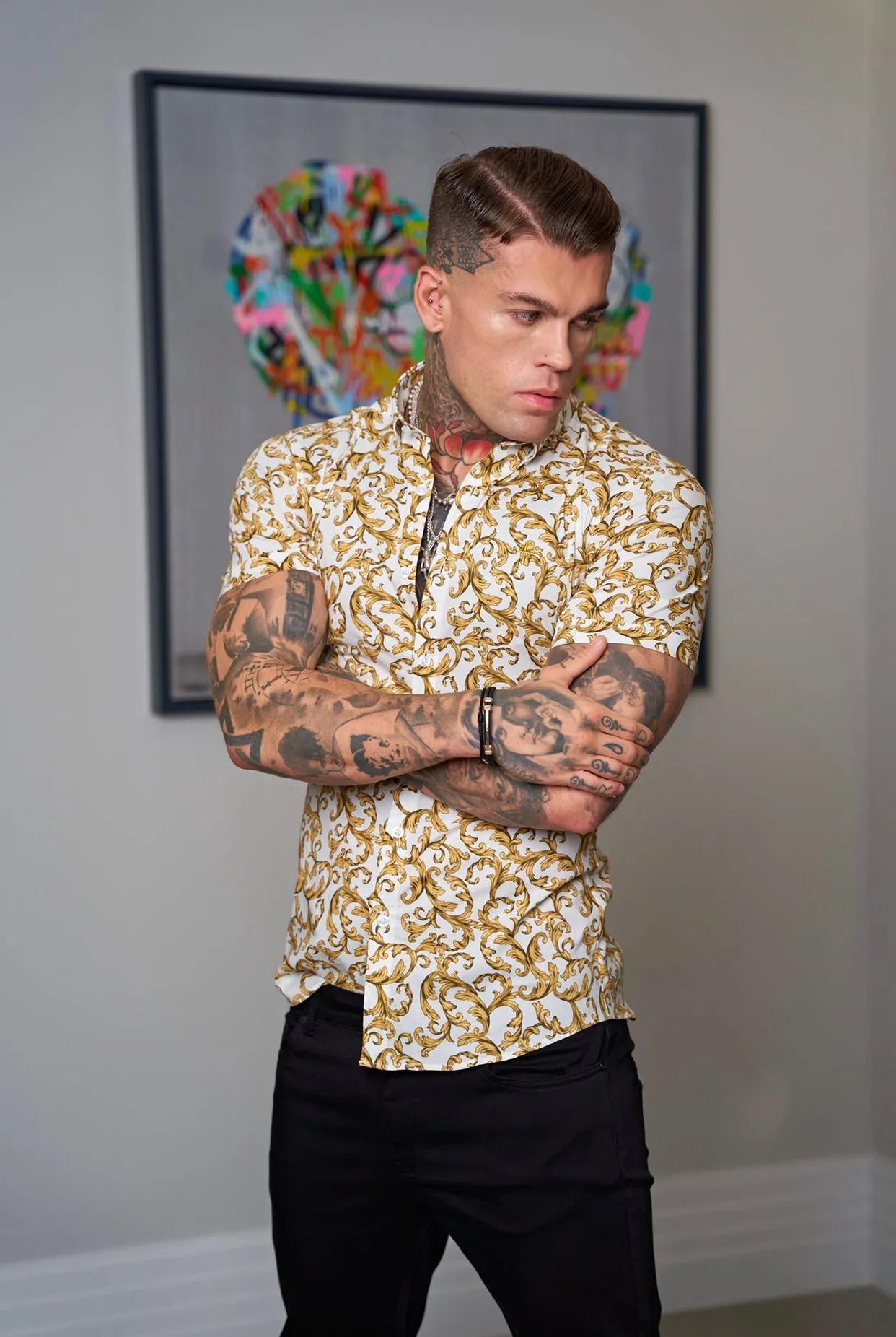 Father Sons Super Slim Stretch White / Gold Scroll Print Short Sleeve with Button Down Collar - FS823