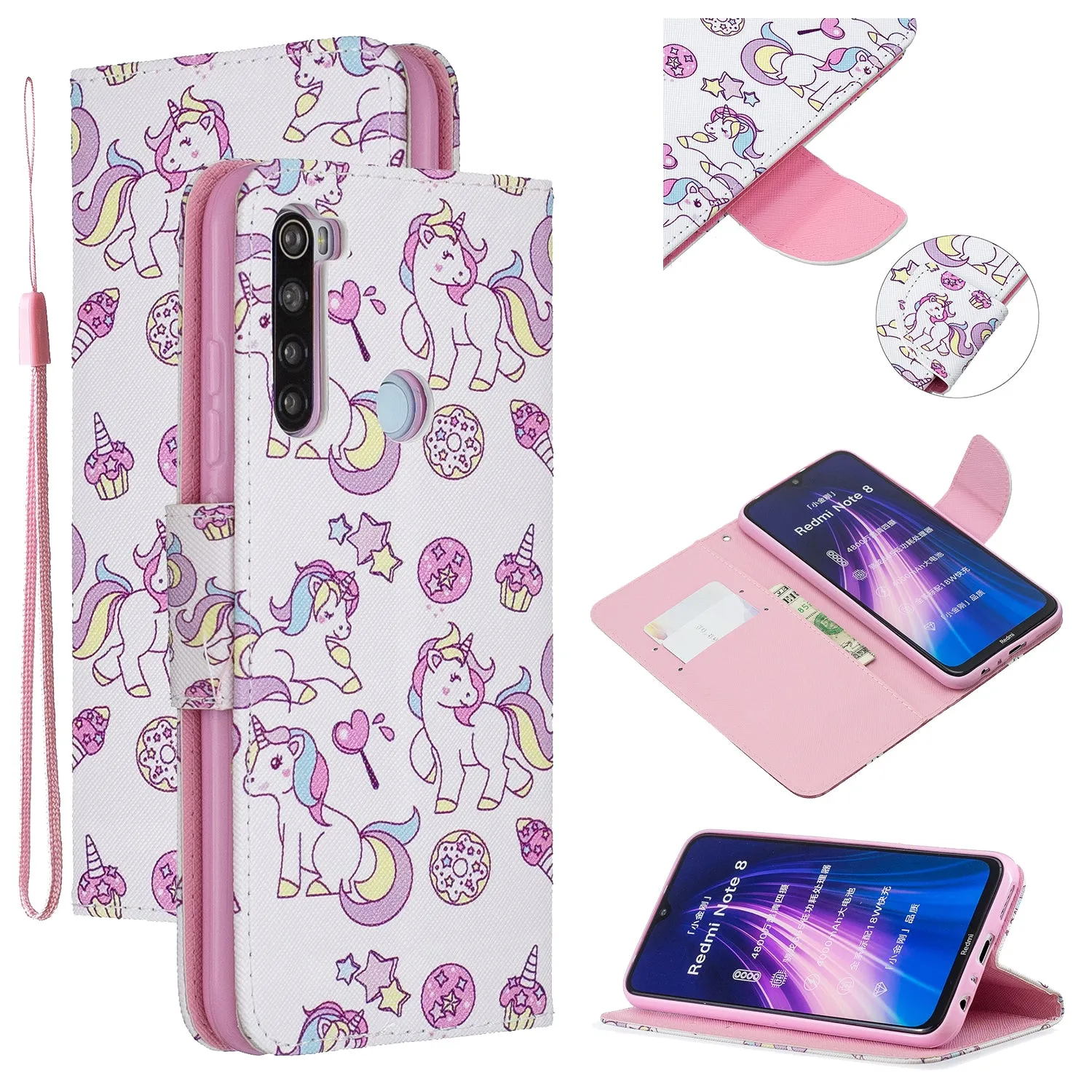For Redmi Note 8/8 Pro Cellphone Cover Stand Function Wallet Design PU Leather Smartphone Shell Elegant Pattern Printed  Ice cream unicorn