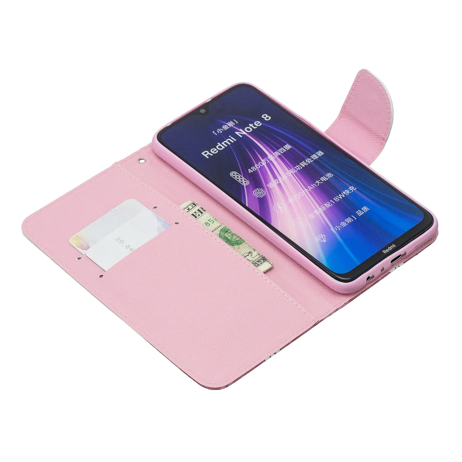 For Redmi Note 8/8 Pro Cellphone Cover Stand Function Wallet Design PU Leather Smartphone Shell Elegant Pattern Printed  Ice cream unicorn
