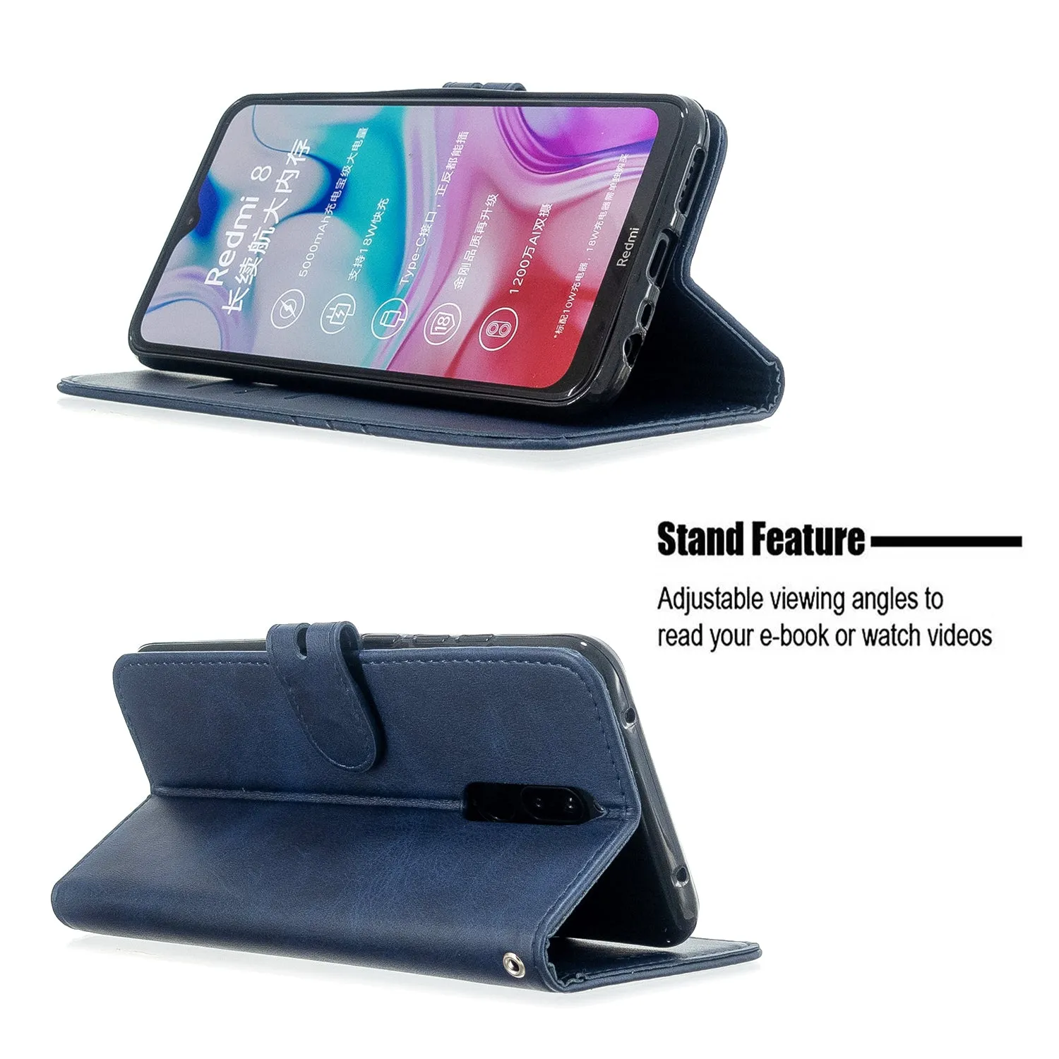 For Redmi Note 8T/Redmi 8/Redmi 8A Case Soft Leather Cover with Denim Texture Precise Cutouts Wallet Design Buckle Closure Smartphone Shell  blue