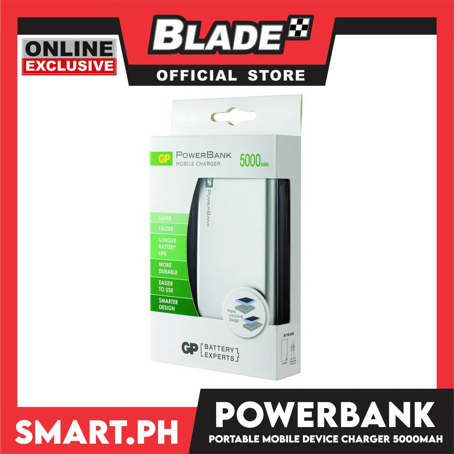 GP Power Bank Mobile Charger 5000mAh (Silver) For Smartphone and Tablet, Longer Battery Life, Durable and Easier To Use