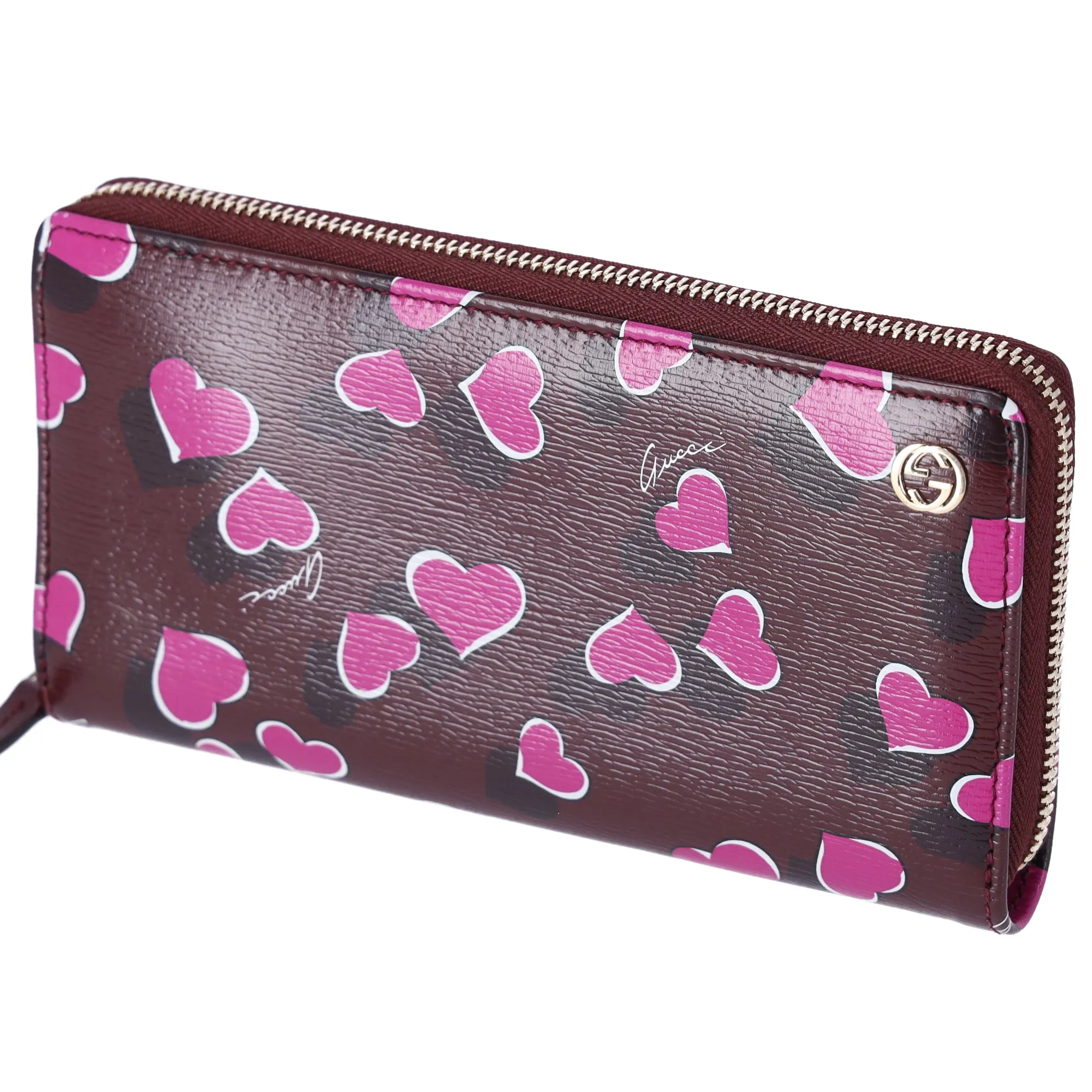 GUCCI Betty Interlocking G Heartbeat Print Zip Around Wallet Wine Pink