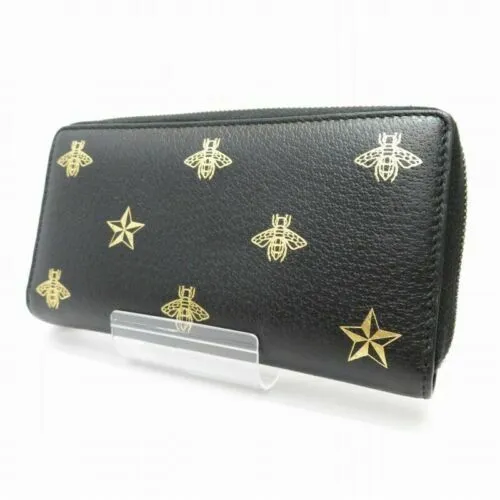 Gucci Black Leather Large Long Wallet Zip Around Gold Oro Bee Star Italy NEW