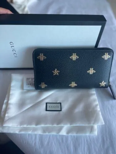Gucci Black Leather Large Long Wallet Zip Around Gold Oro Bee Star Italy NEW