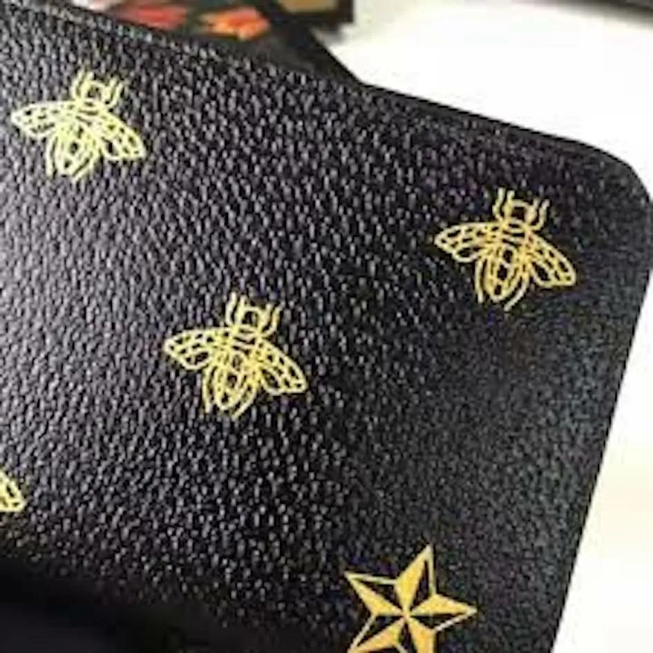 Gucci Black Leather Large Long Wallet Zip Around Gold Oro Bee Star Italy NEW