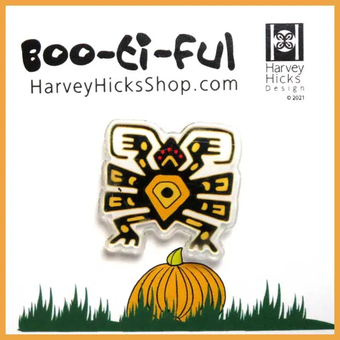 Halloween pin featuring a leaf nose bat, orange
