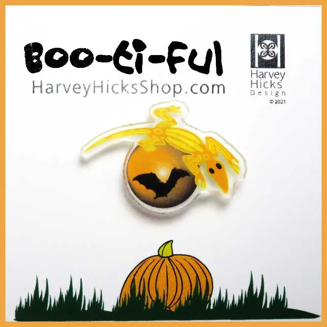 Halloween pin featuring a leaf nose bat, orange