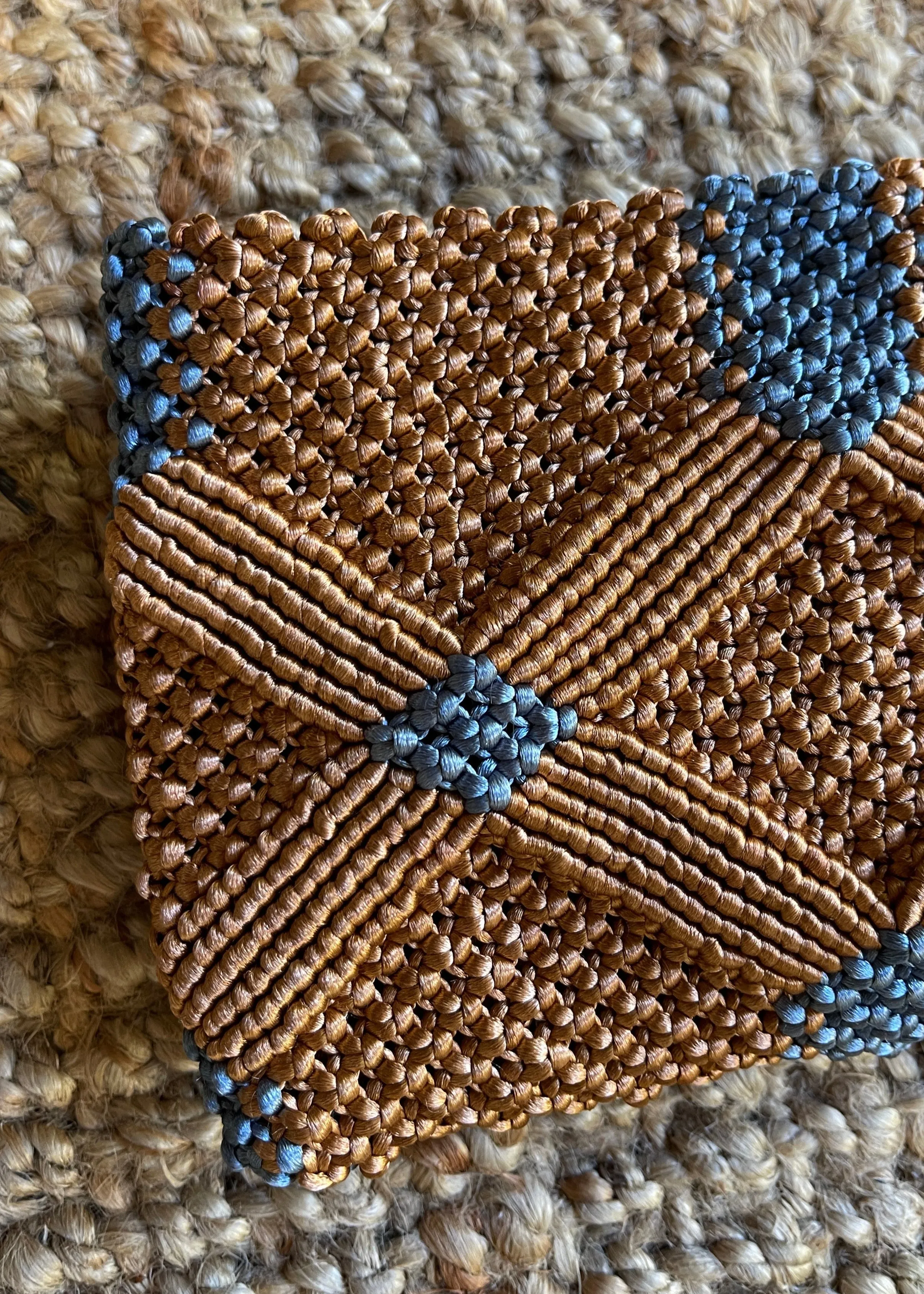 Handmade Macramé Clutch- Caramel & Dusty Blue