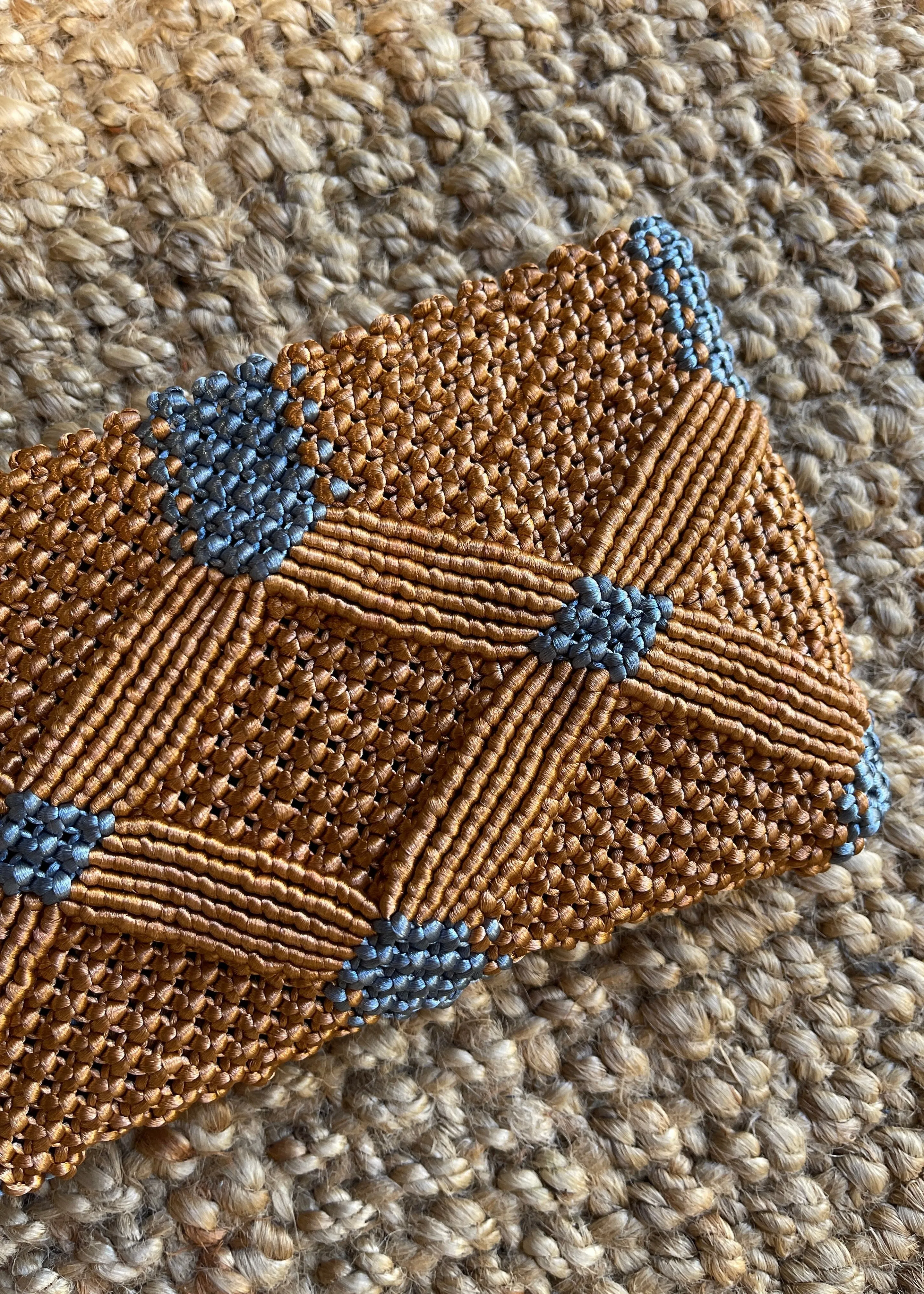 Handmade Macramé Clutch- Caramel & Dusty Blue