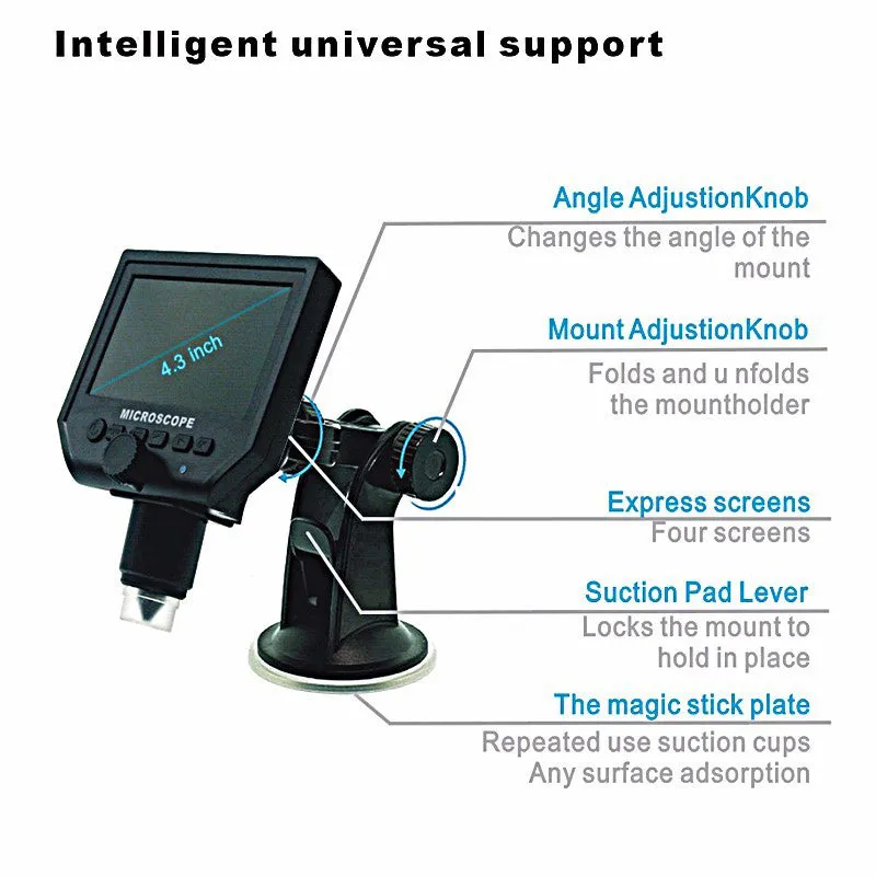 HD Digital Microscope - 600x Zoom, 4.3-Inch HD Display, Built-In Battery, HD Video Recording, Timestamp, Motion Detection