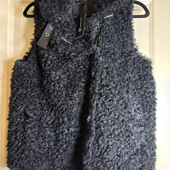 INC International Concepts Black Faux Fur Fluffy Vest