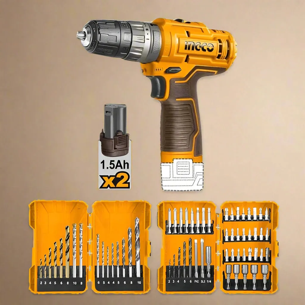 Ingco 12V Lithium-Ion Impact Drill with Drill Bits Set & Screwdriver Bit Set - COSLI23114