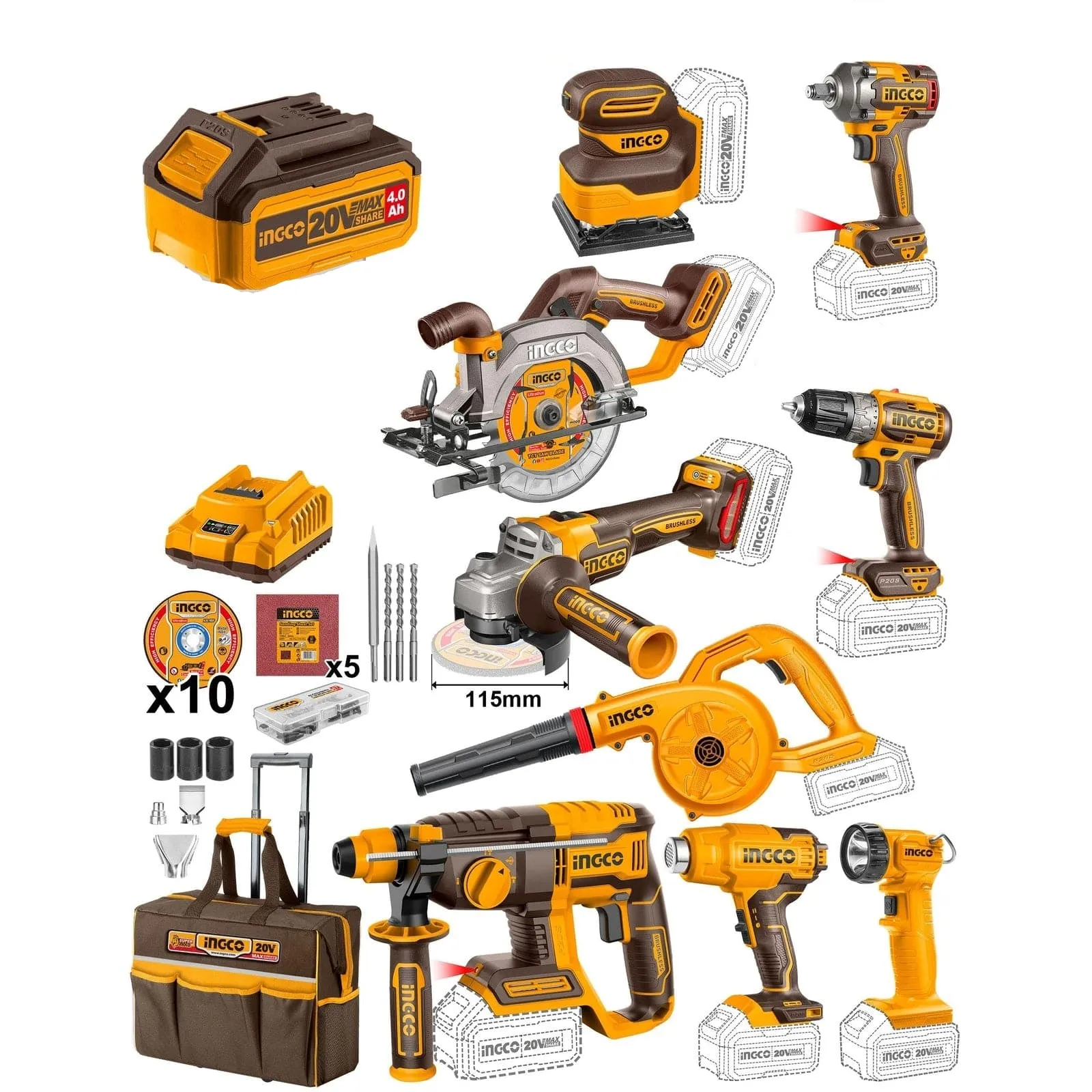 Ingco 20V 9 Pieces Lithium-Ion Cordless Industrial Tools Set - CKLI2098