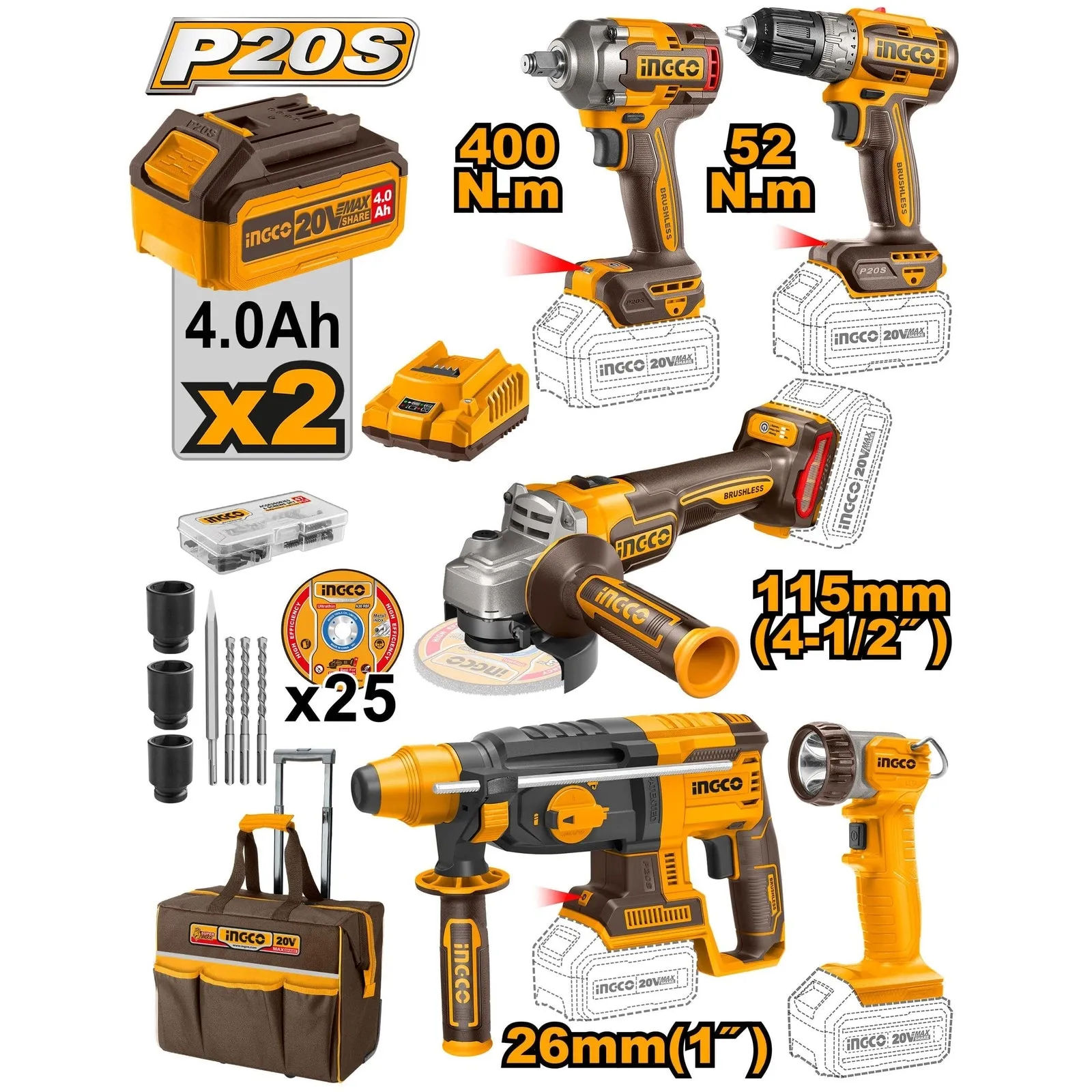 Ingco 5 Pieces Cordless Industrial Combo Kit 20V With 2 Pieces 4.0Ah Battery - CKLI2058