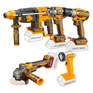 Ingco 5 Pieces Cordless Industrial Combo Kit 20V With 2 Pieces 4.0Ah Battery - CKLI2058
