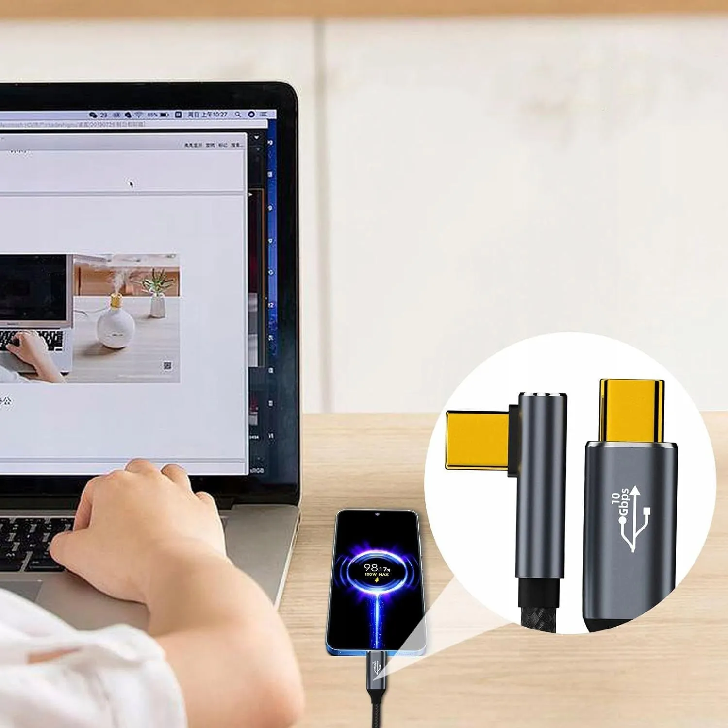 Kabel USB-C USB 3.2 Typ C - Type C Kątowy 90 Fast Charge 10GBPS 4K 1m