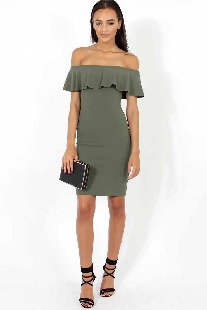 Khaki Bardot Frill Midi Dress - Lily