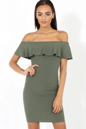 Khaki Bardot Frill Midi Dress - Lily