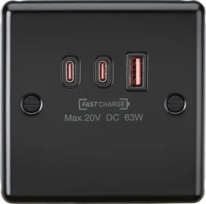 Knightsbridge CL63WMB Rounded Edge 230V Triple USB Charger Plate 2xUSB-C 1xUSB-A [20V DC Max. 63W] - Matt Black