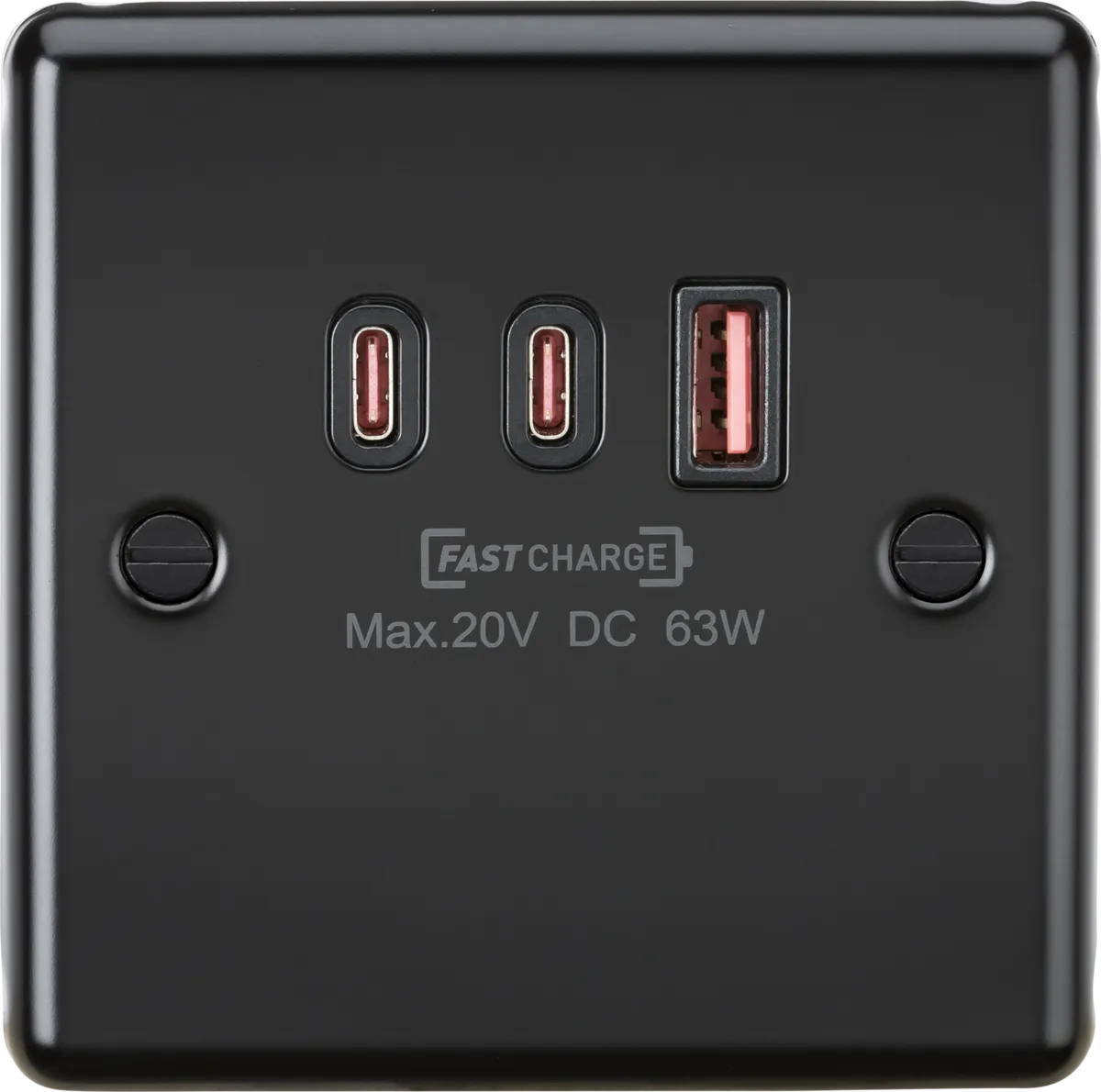Knightsbridge CL63WMB Rounded Edge 230V Triple USB Charger Plate 2xUSB-C 1xUSB-A [20V DC Max. 63W] - Matt Black