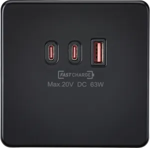 Knightsbridge SF63WMB Screwless 230V Triple USB Charger Plate 2xUSB-C 1xUSB-A [20V DC Max. 63W] - Matt Black