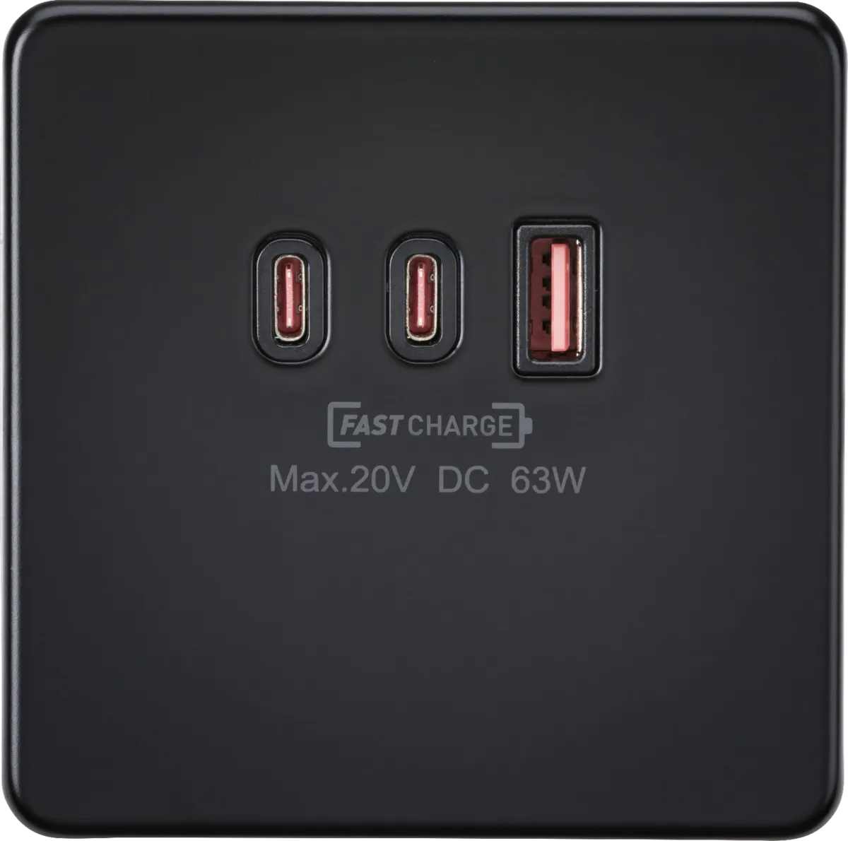 Knightsbridge SF63WMB Screwless 230V Triple USB Charger Plate 2xUSB-C 1xUSB-A [20V DC Max. 63W] - Matt Black