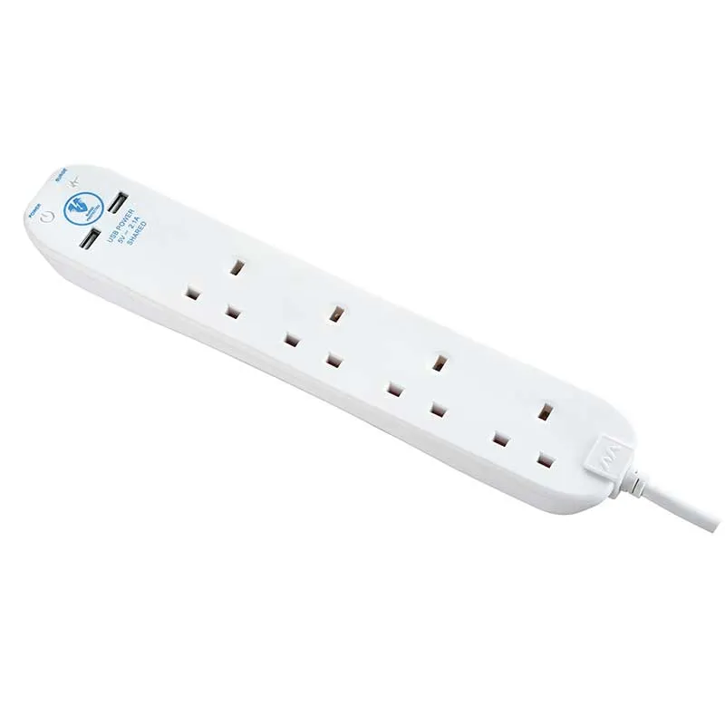 Masterplug BFNU110N 4 Socket 1m 13A Extension Lead   Indicator   2x2.1A USB White