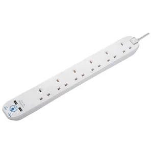 Masterplug BSNU110N 6 Socket 1m 13A Extension Lead   Indicator   2x2.1A USB White