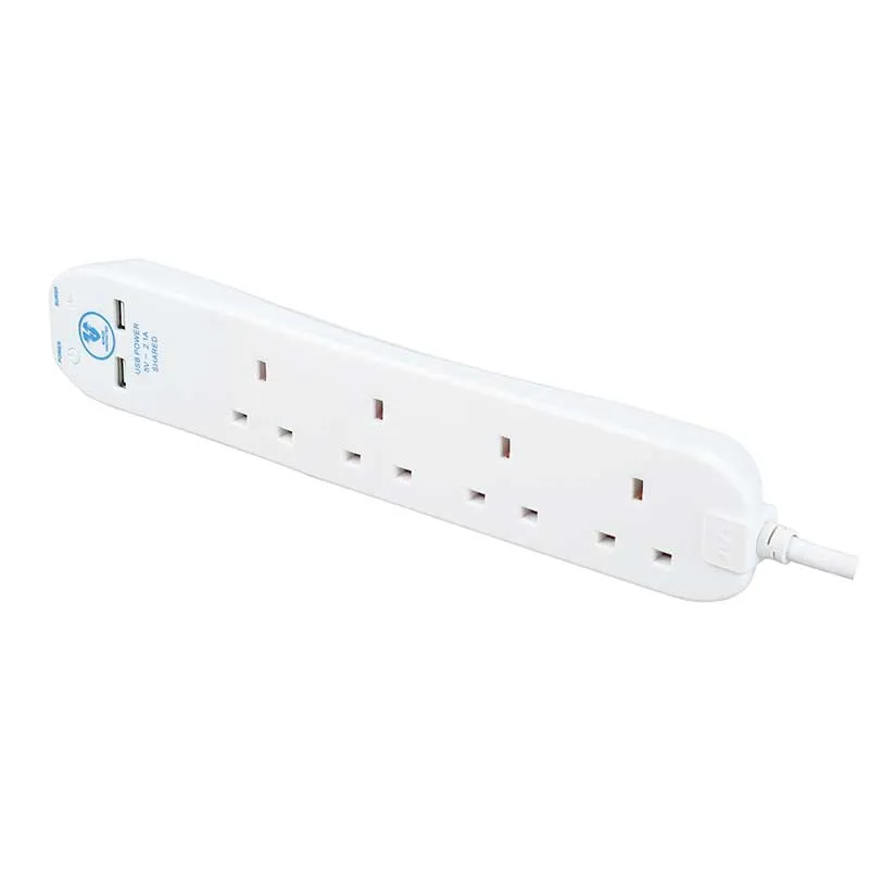 Masterplug SRGU44N 4 Socket 4m 13A Surge Extension Lead   USB White