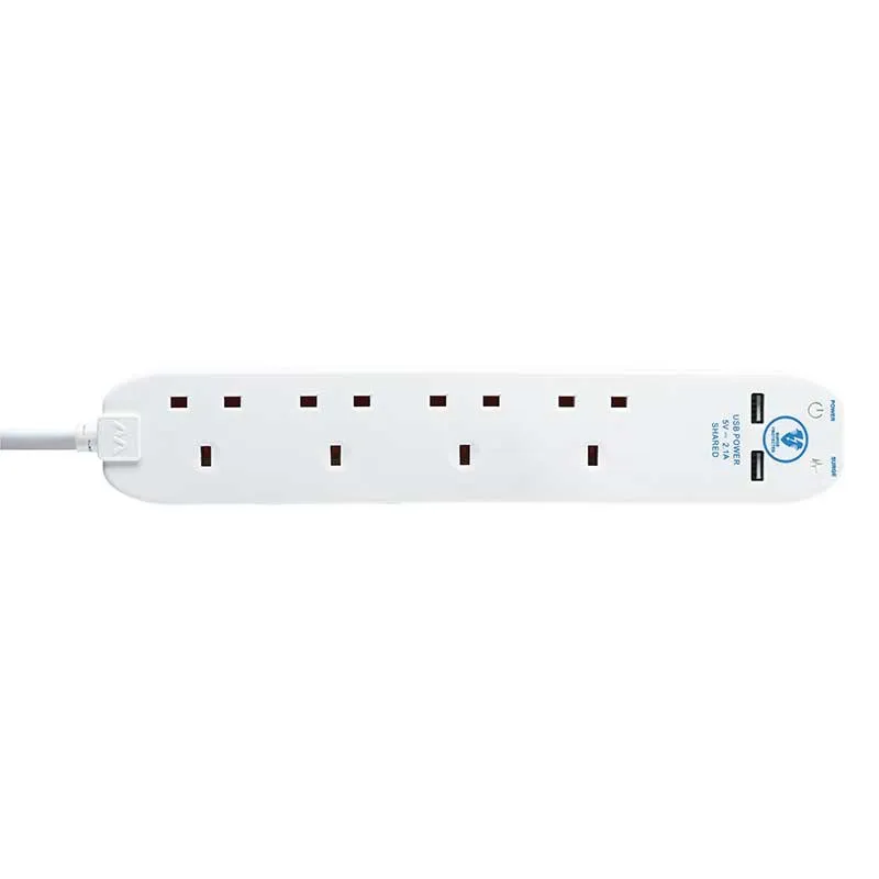 Masterplug SRGU44N 4 Socket 4m 13A Surge Extension Lead   USB White